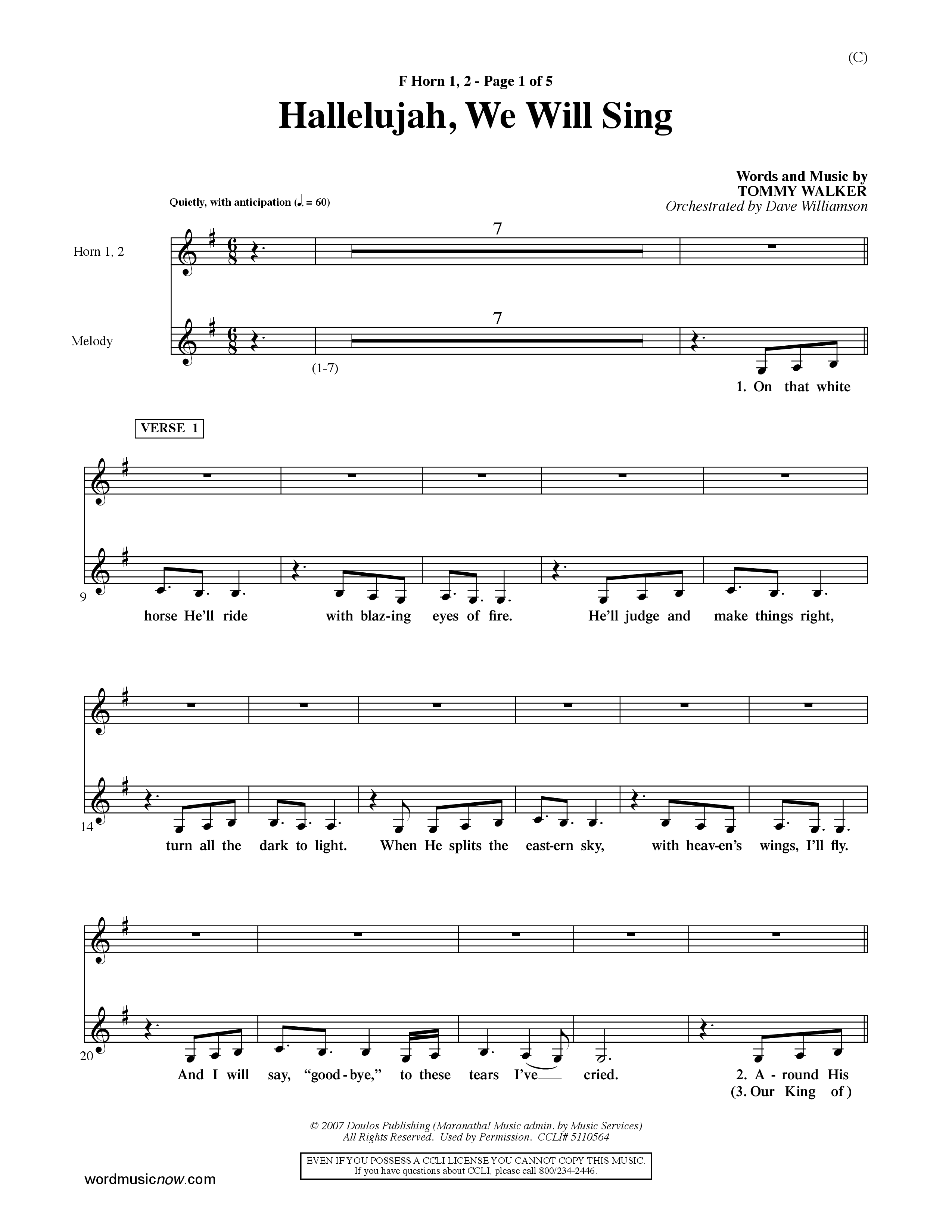 Hallelujah We Will Sing (Choral Anthem SATB) French Horn (Word Music Choral / Orch. Dave Williamson)