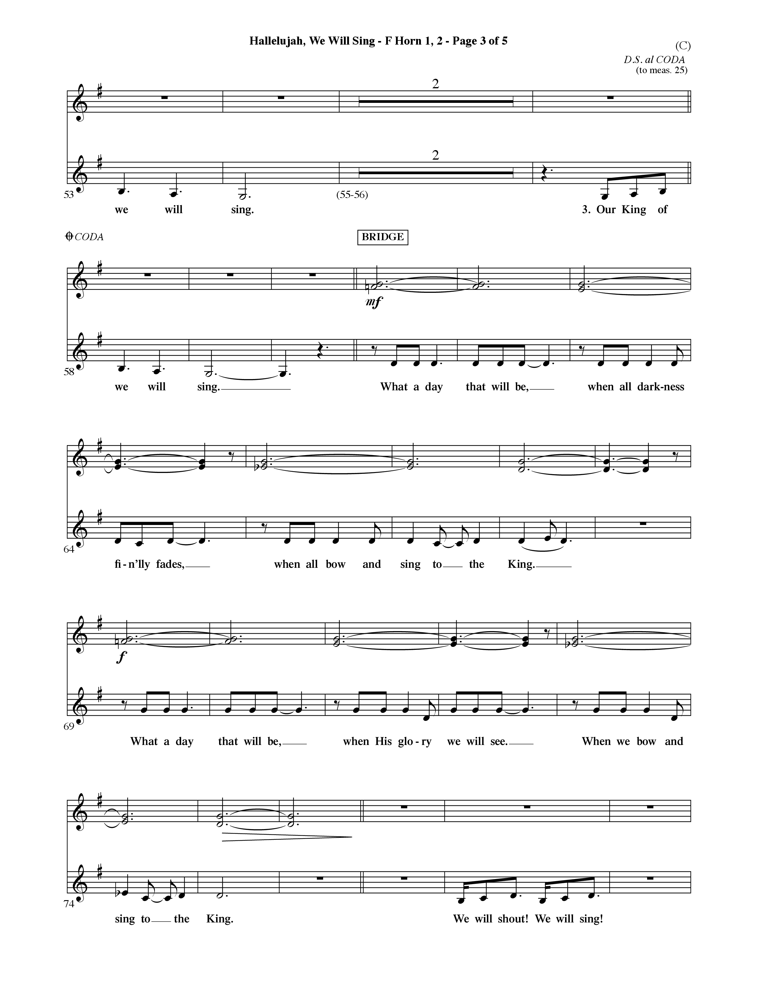 Hallelujah We Will Sing (Choral Anthem SATB) French Horn (Word Music Choral / Orch. Dave Williamson)