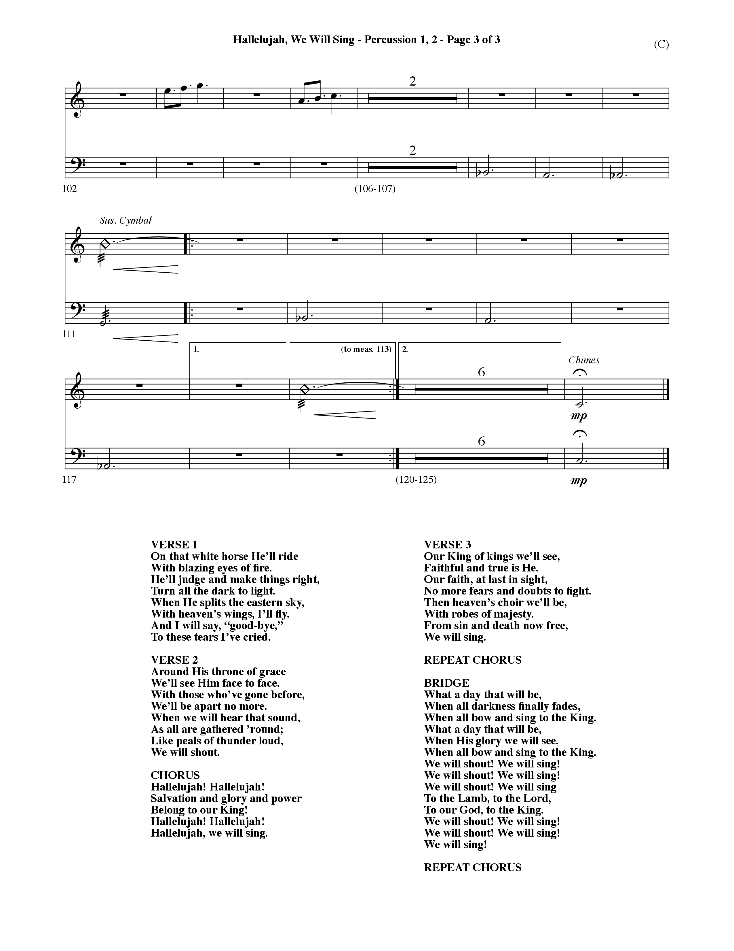 Hallelujah We Will Sing (Choral Anthem SATB) Percussion 1/2 (Word Music Choral / Orch. Dave Williamson)