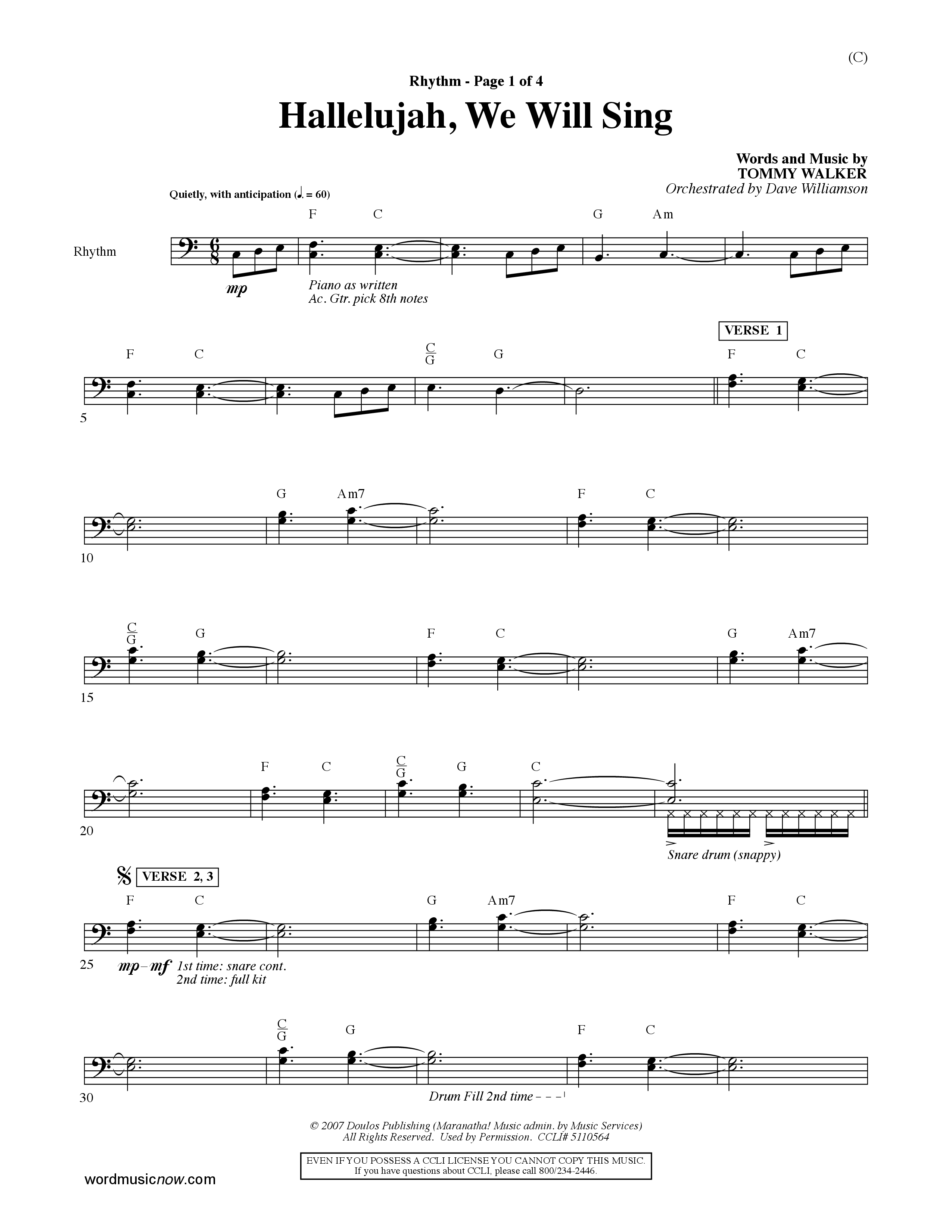 Hallelujah We Will Sing (Choral Anthem SATB) Rhythm Chart (Word Music Choral / Orch. Dave Williamson)