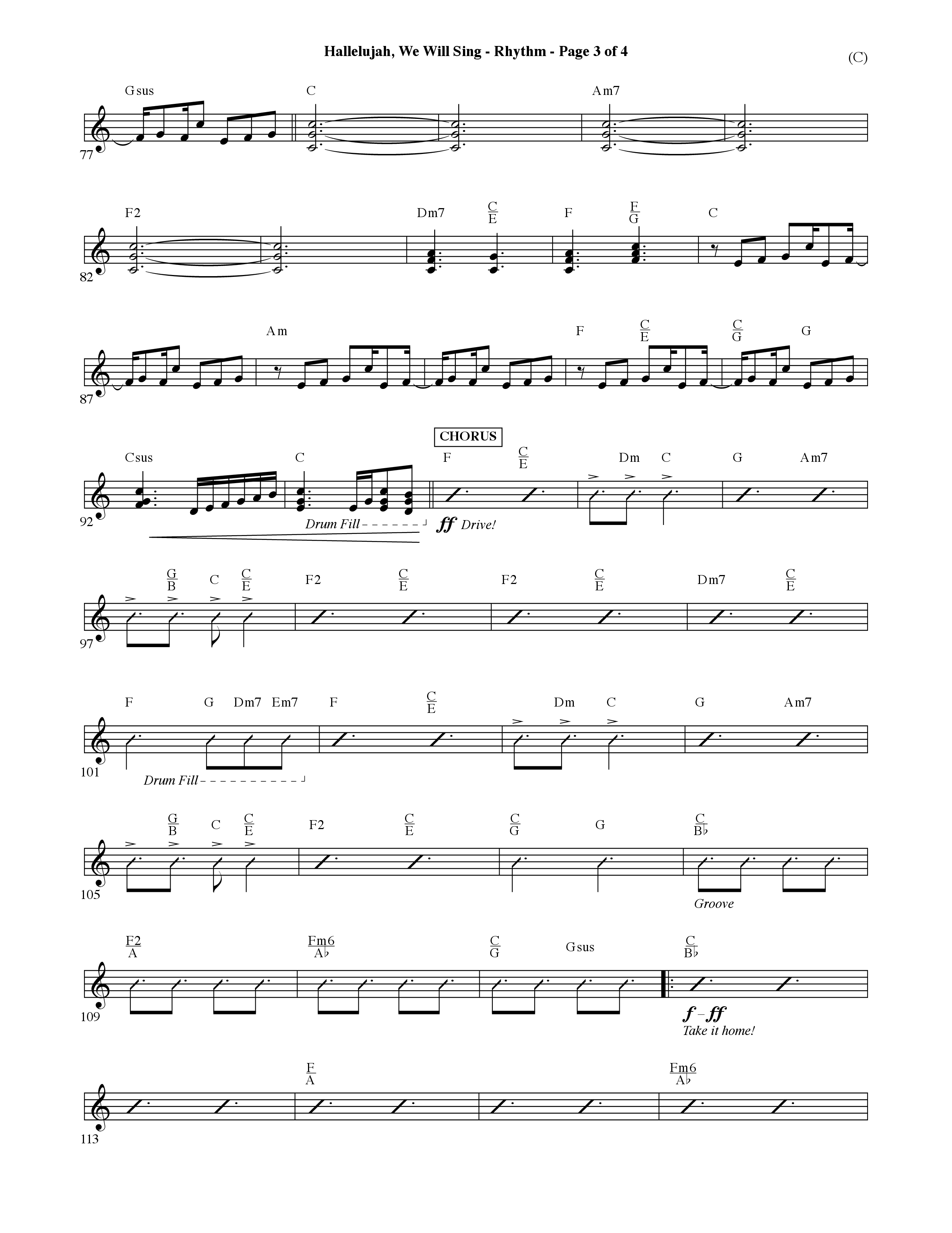Hallelujah We Will Sing (Choral Anthem SATB) Rhythm Chart (Word Music Choral / Orch. Dave Williamson)
