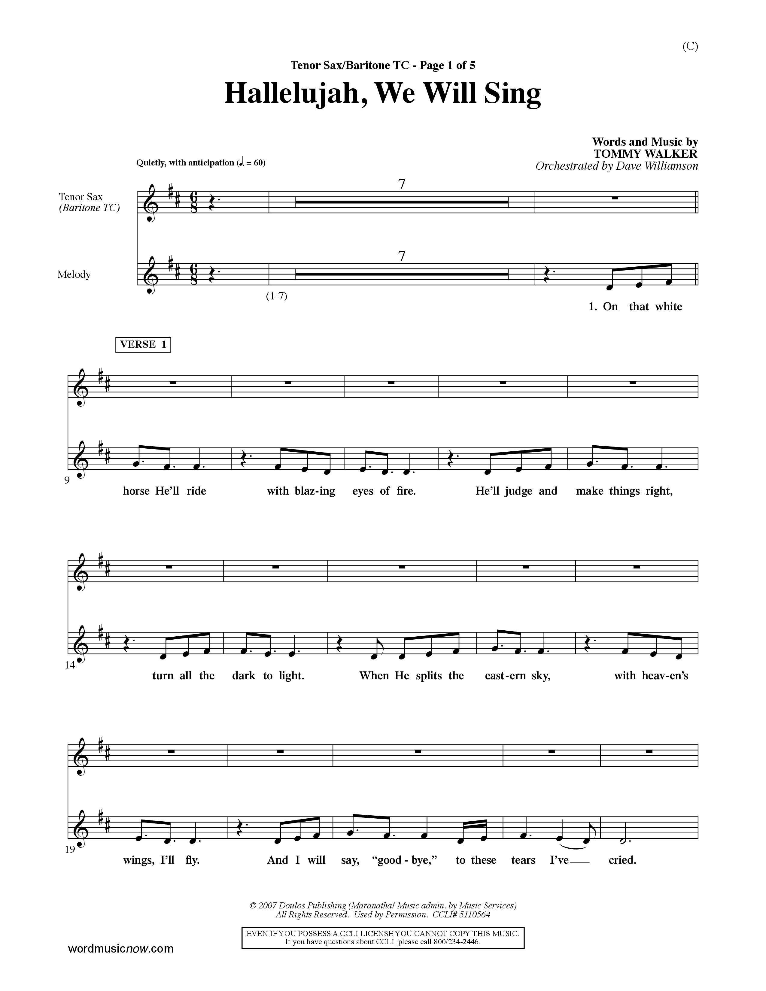 Hallelujah We Will Sing (Choral Anthem SATB) Tenor Sax/Baritone T.C. (Word Music Choral / Orch. Dave Williamson)