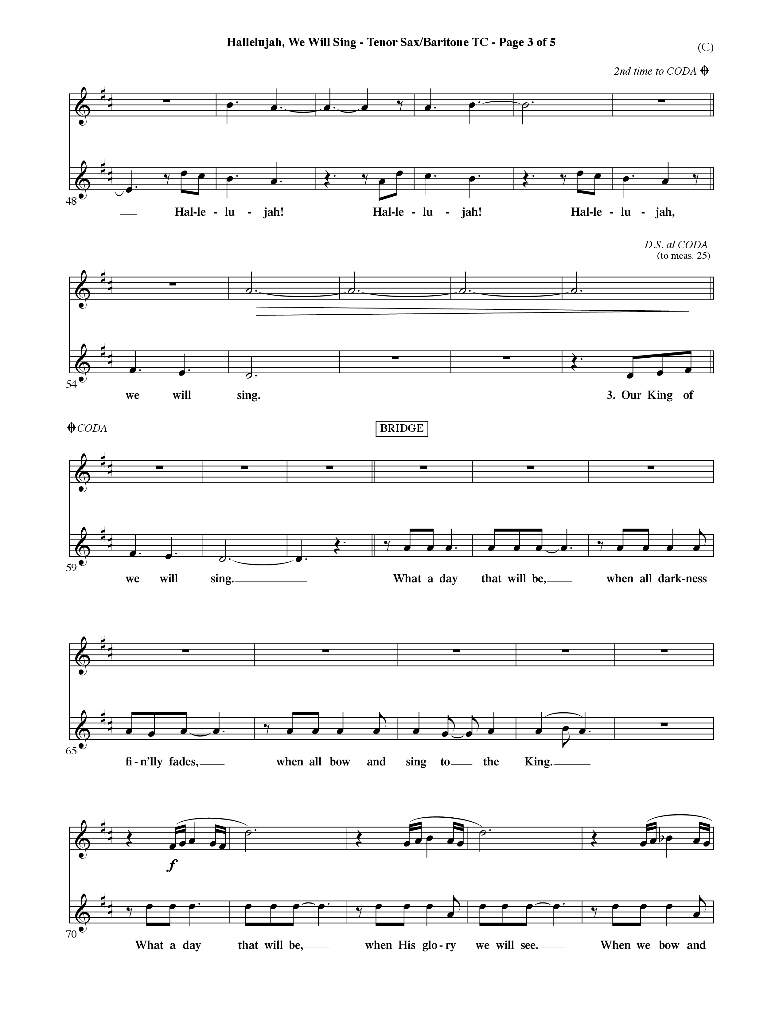 Hallelujah We Will Sing (Choral Anthem SATB) Tenor Sax/Baritone T.C. (Word Music Choral / Orch. Dave Williamson)