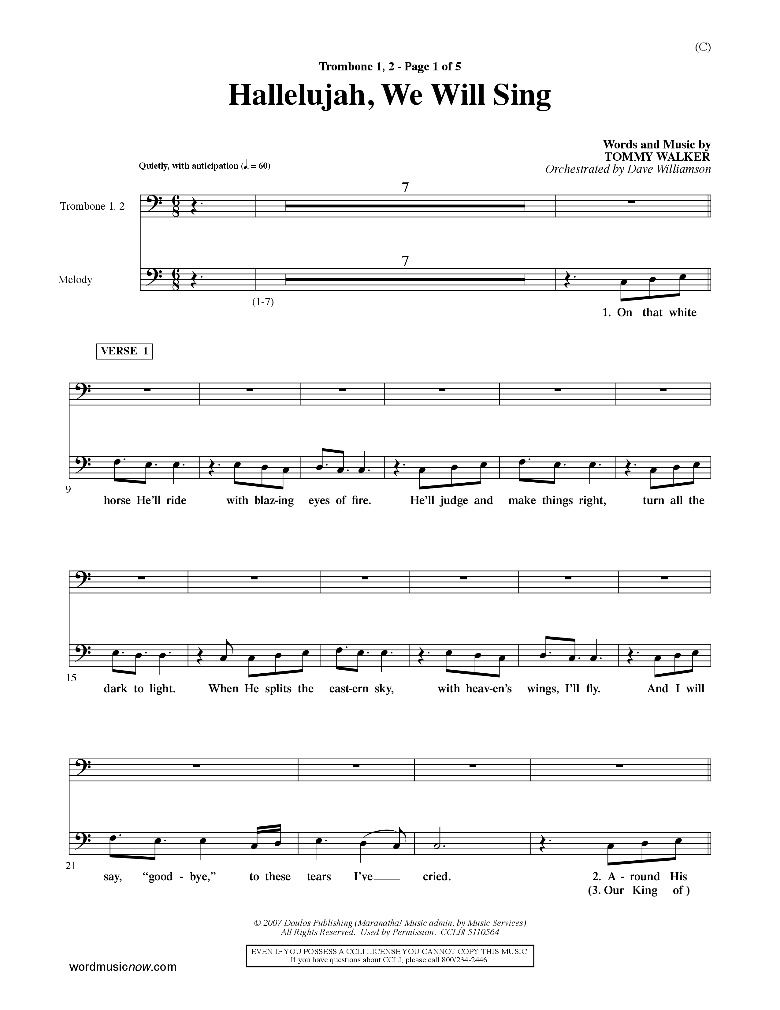 Hallelujah We Will Sing (Choral Anthem SATB) Trombone 1/2 (Word Music Choral / Orch. Dave Williamson)