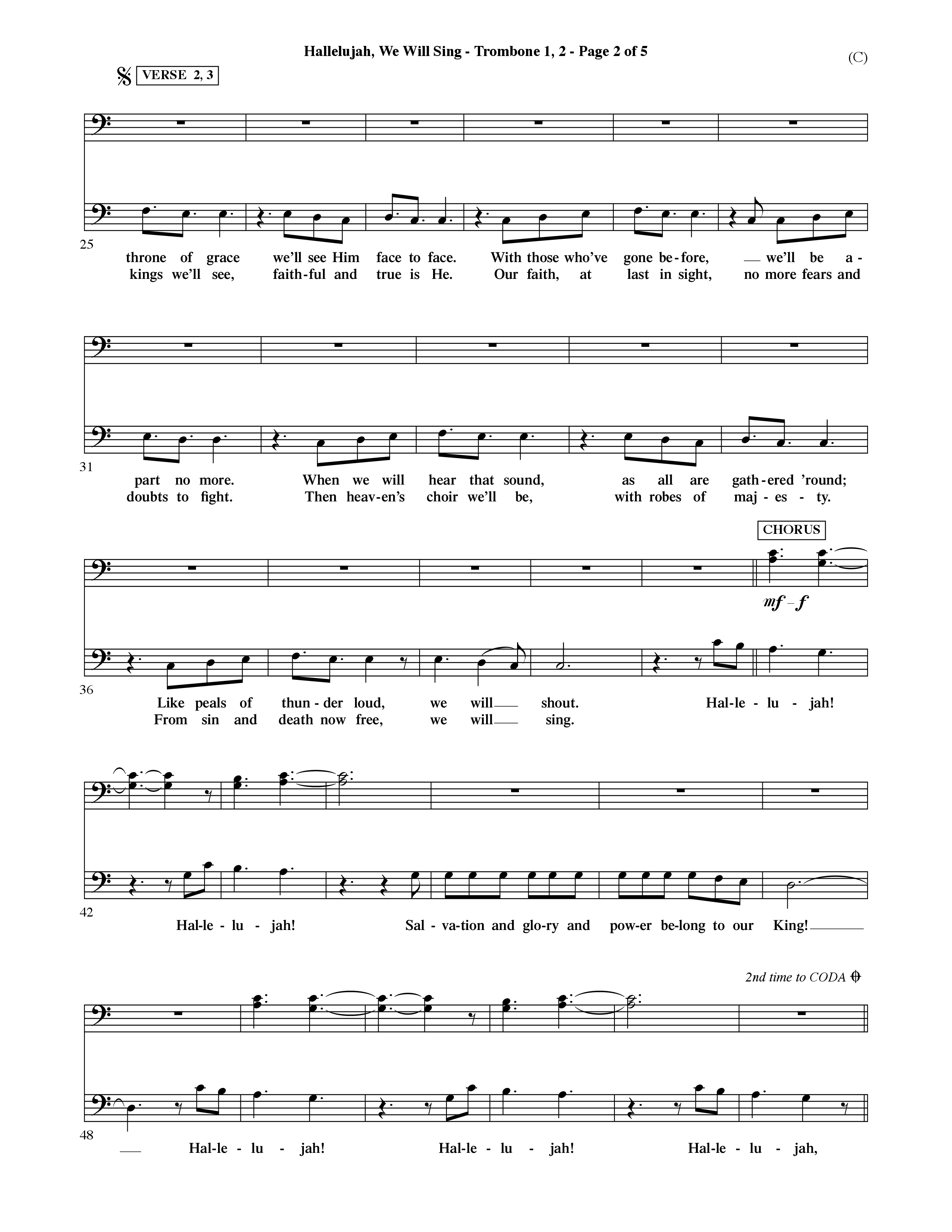 Hallelujah We Will Sing (Choral Anthem SATB) Trombone 1/2 (Word Music Choral / Orch. Dave Williamson)