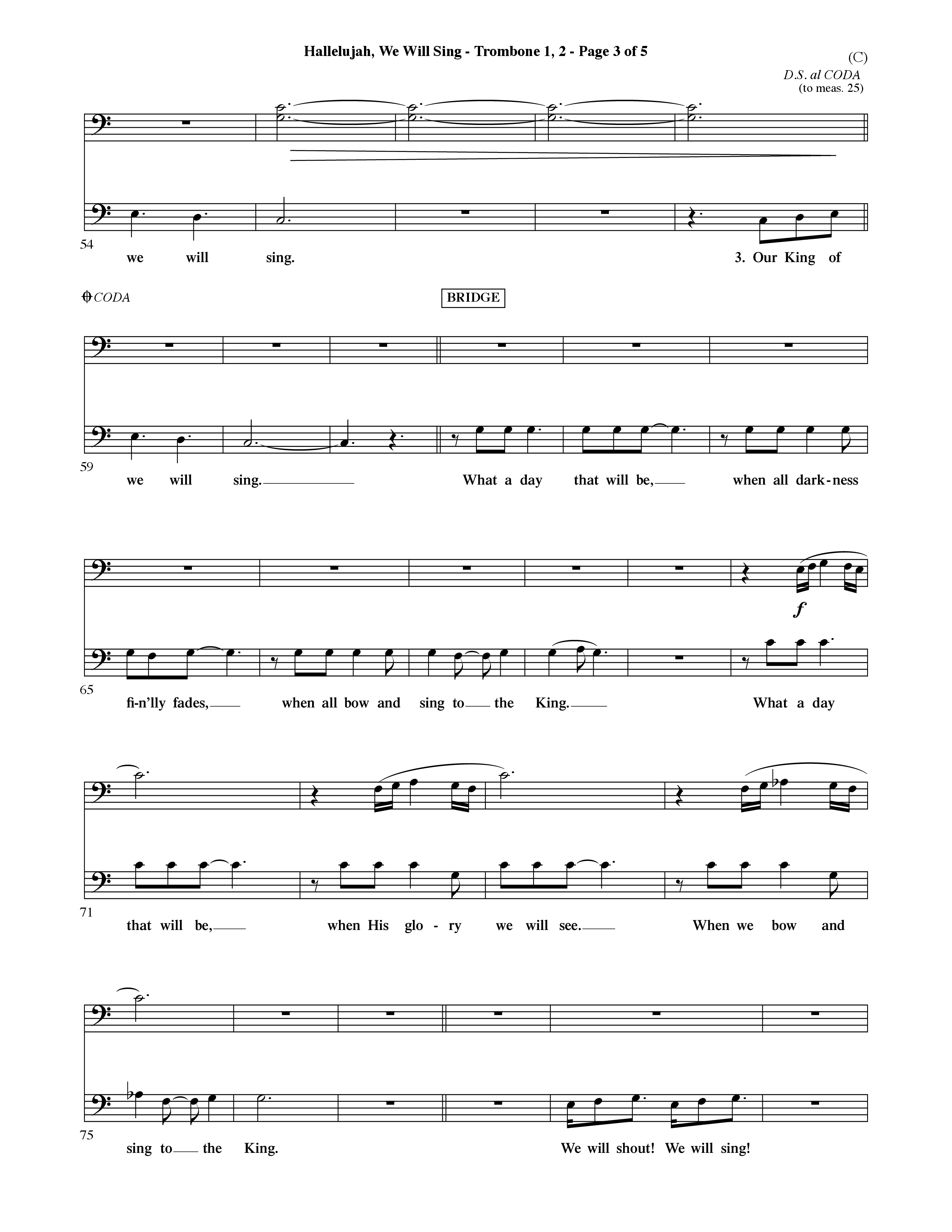 Hallelujah We Will Sing (Choral Anthem SATB) Trombone 1/2 (Word Music Choral / Orch. Dave Williamson)