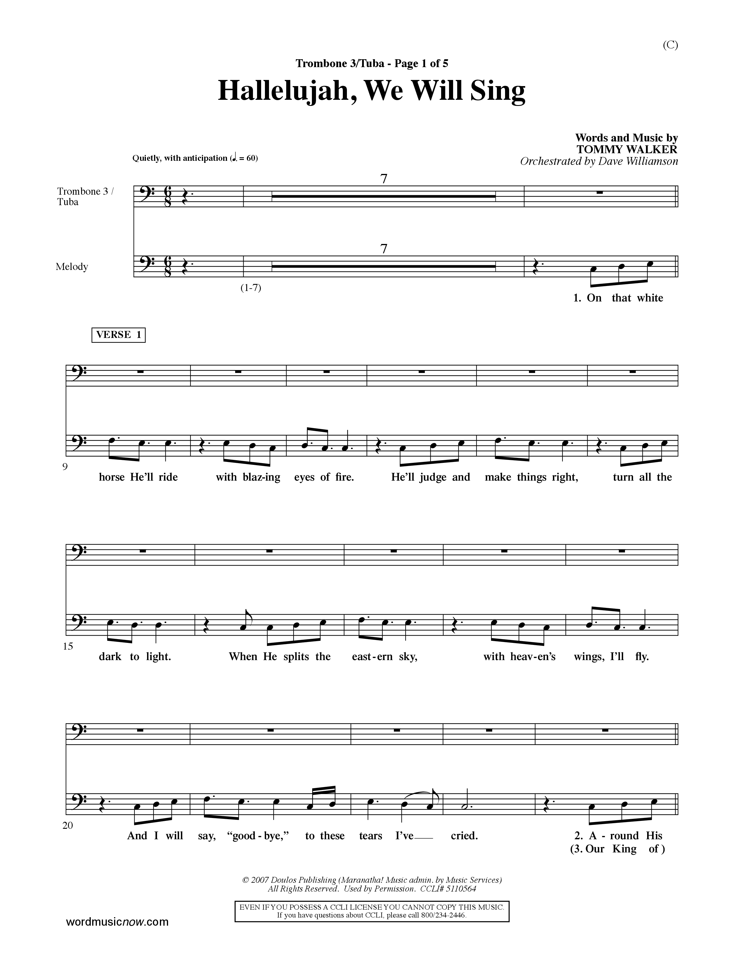 Hallelujah We Will Sing (Choral Anthem SATB) Trombone 3/Tuba (Word Music Choral / Orch. Dave Williamson)