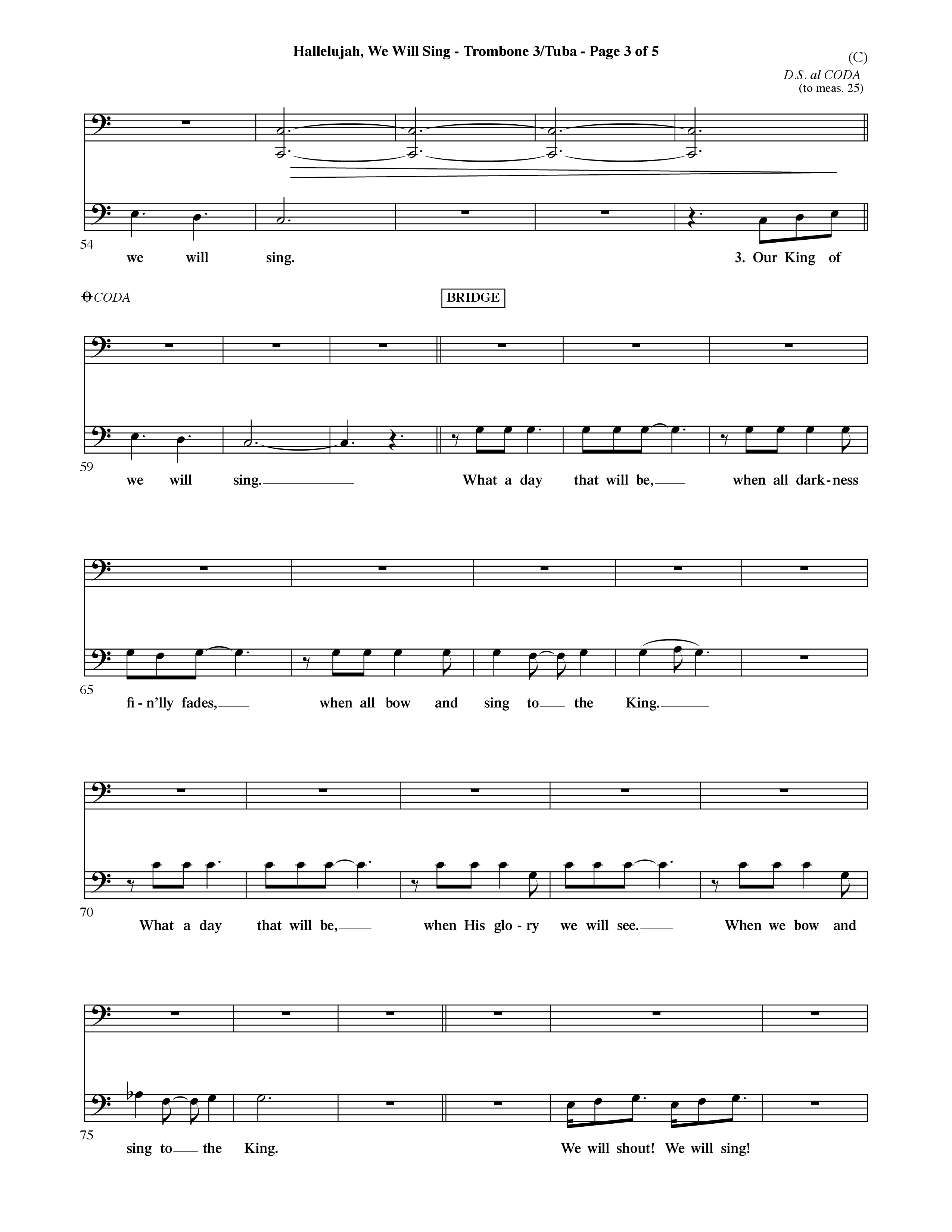 Hallelujah We Will Sing (Choral Anthem SATB) Trombone 3/Tuba (Word Music Choral / Orch. Dave Williamson)