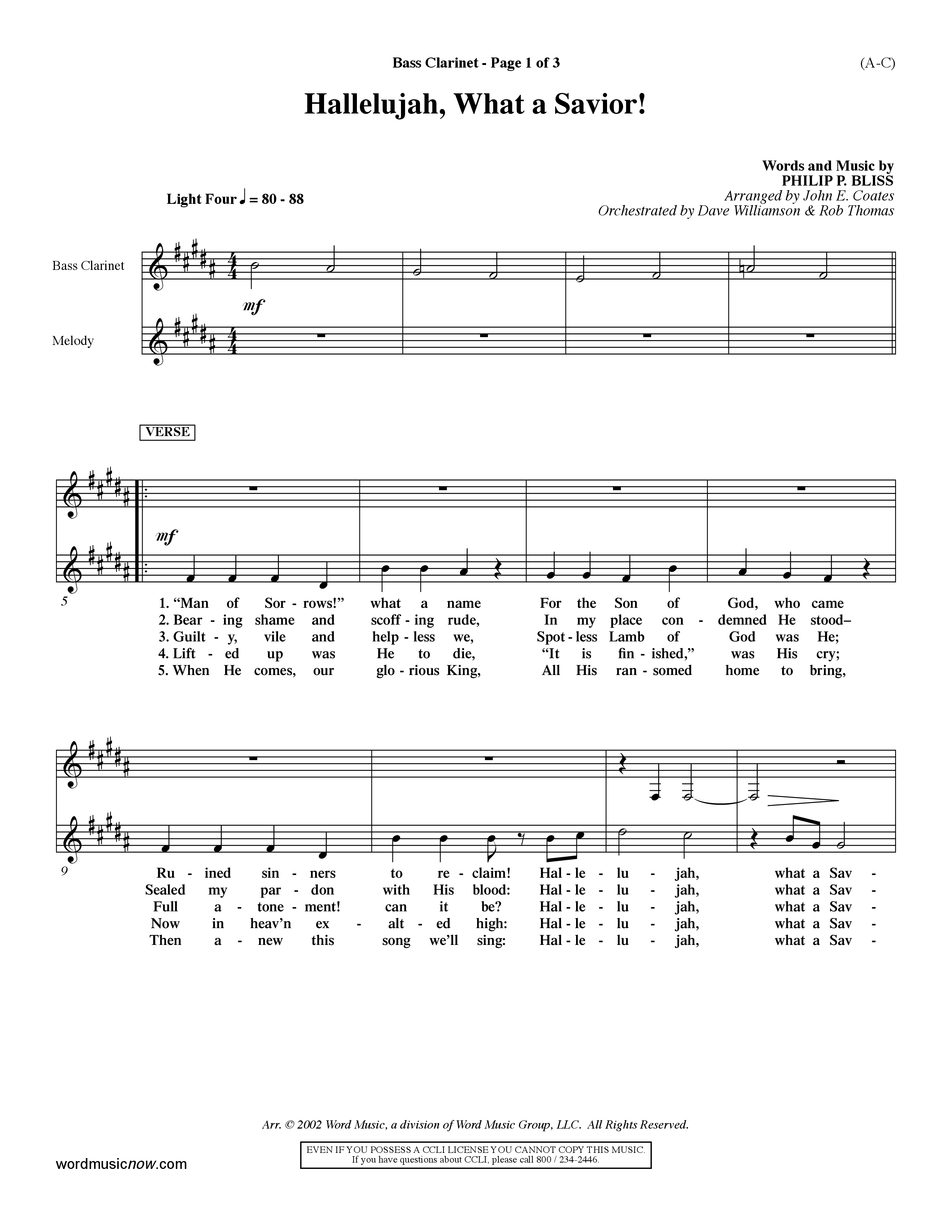 Hallelujah What A Savior (Choral Anthem SATB) Bass Clarinet (Word Music Choral / Arr. John Coates / Orch. Dave Williamson / Orch. Rob Thomas)