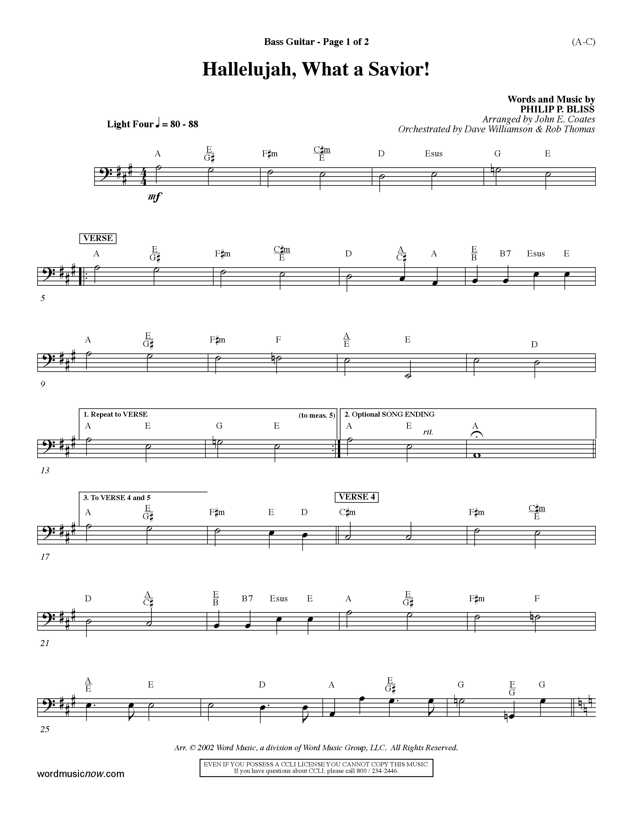 Hallelujah What A Savior (Choral Anthem SATB) Bass Guitar (Word Music Choral / Arr. John Coates / Orch. Dave Williamson / Orch. Rob Thomas)