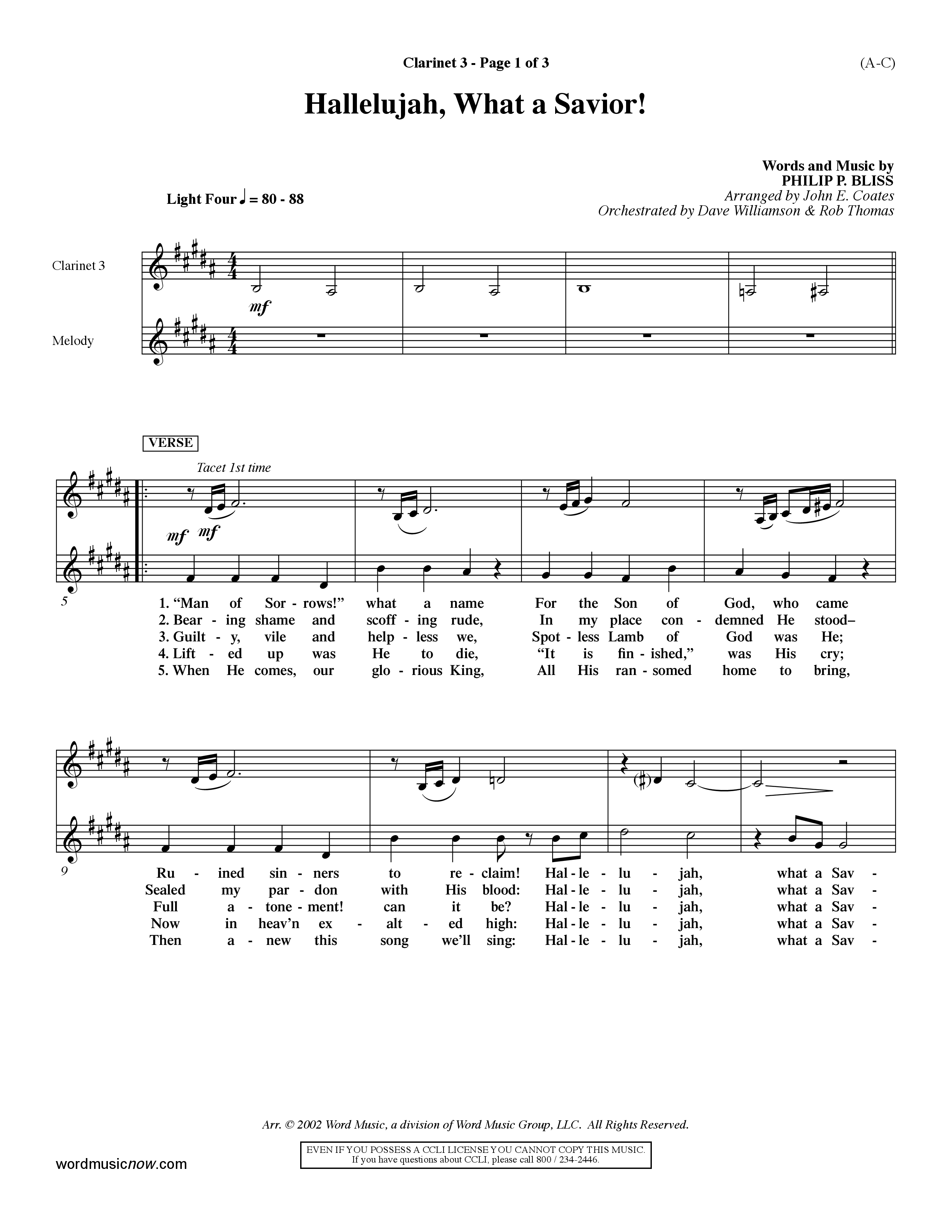 Hallelujah What A Savior (Choral Anthem SATB) Clarinet 3 (Word Music Choral / Arr. John Coates / Orch. Dave Williamson / Orch. Rob Thomas)