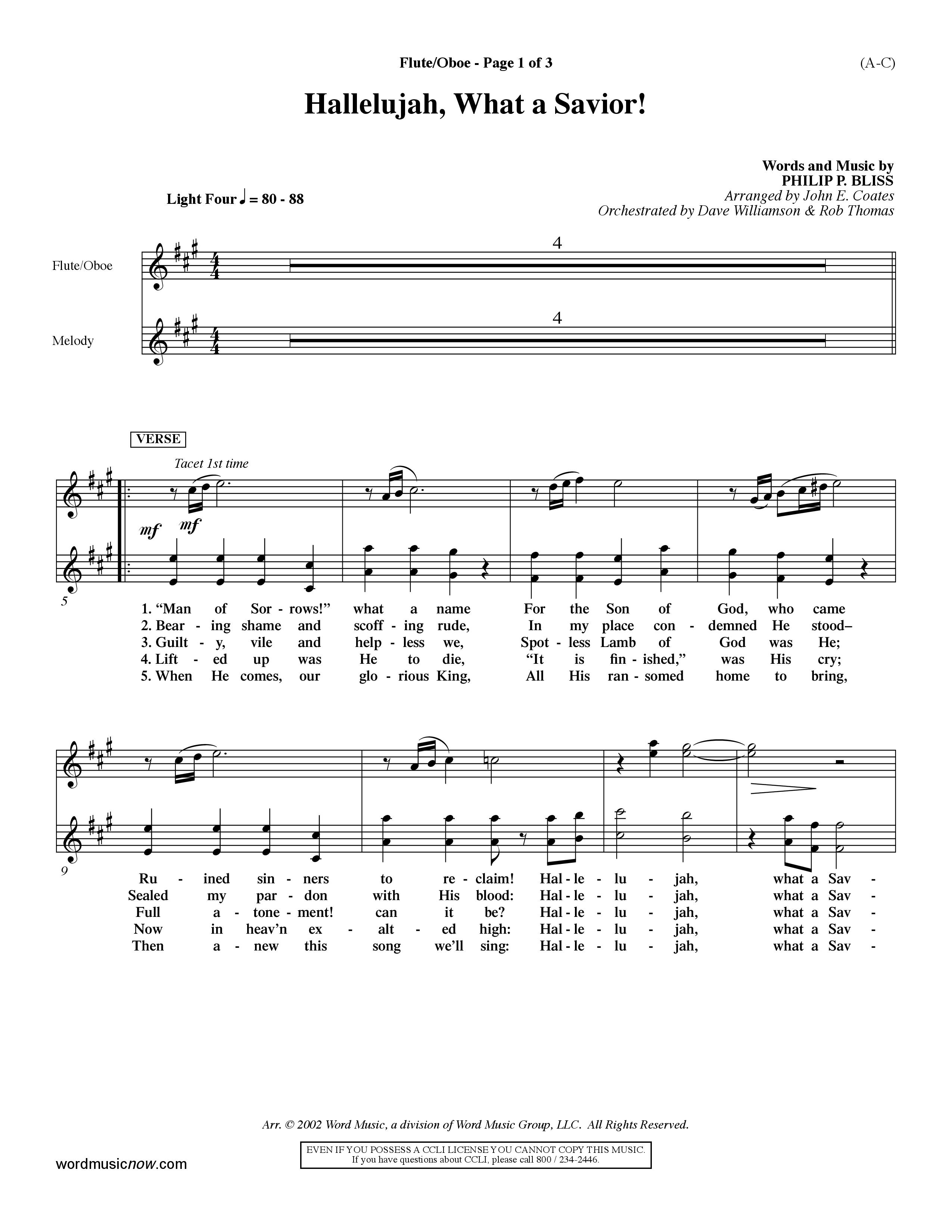 Hallelujah What A Savior (Choral Anthem SATB) Flute/Oboe (Word Music Choral / Arr. John Coates / Orch. Dave Williamson / Orch. Rob Thomas)