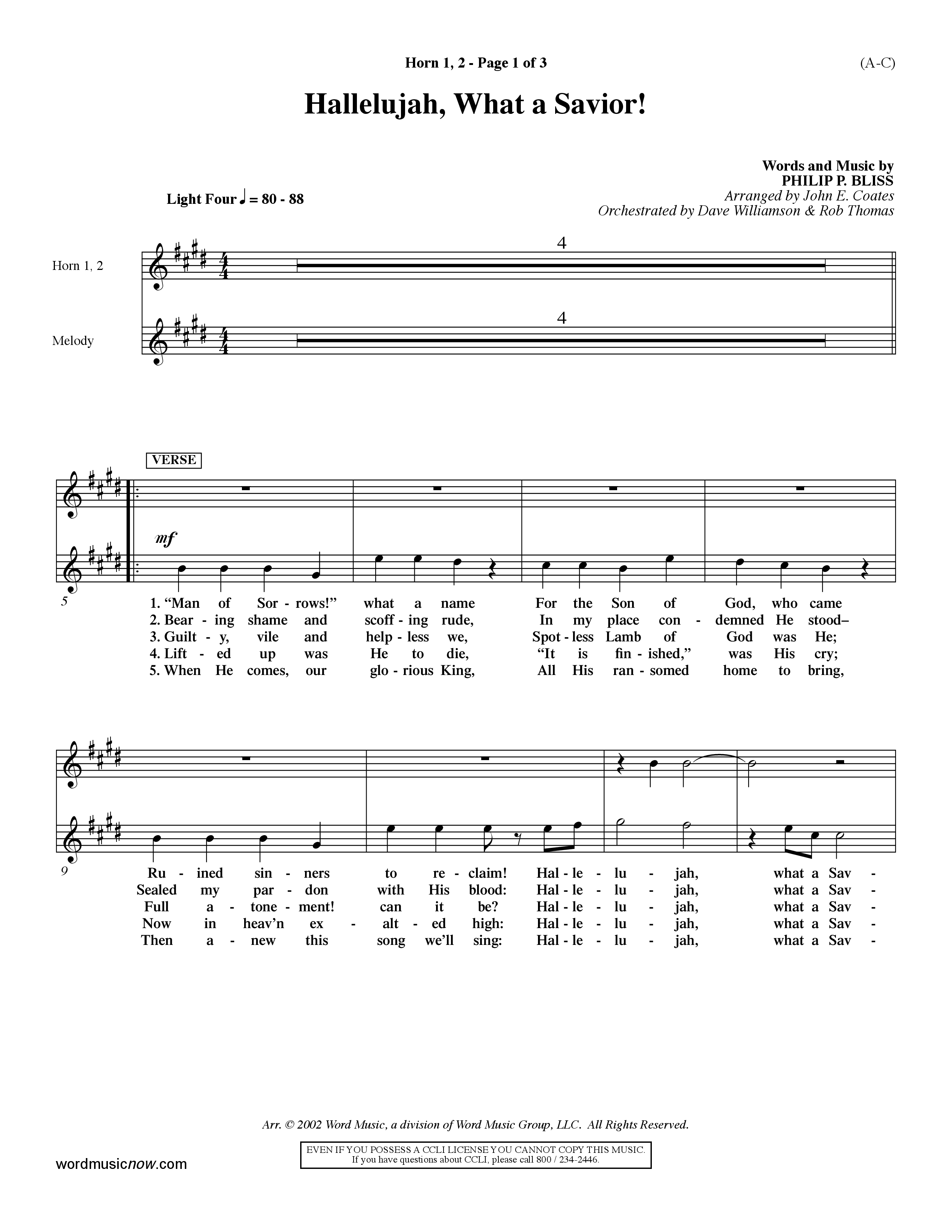 Hallelujah What A Savior (Choral Anthem SATB) French Horn (Word Music Choral / Arr. John Coates / Orch. Dave Williamson / Orch. Rob Thomas)