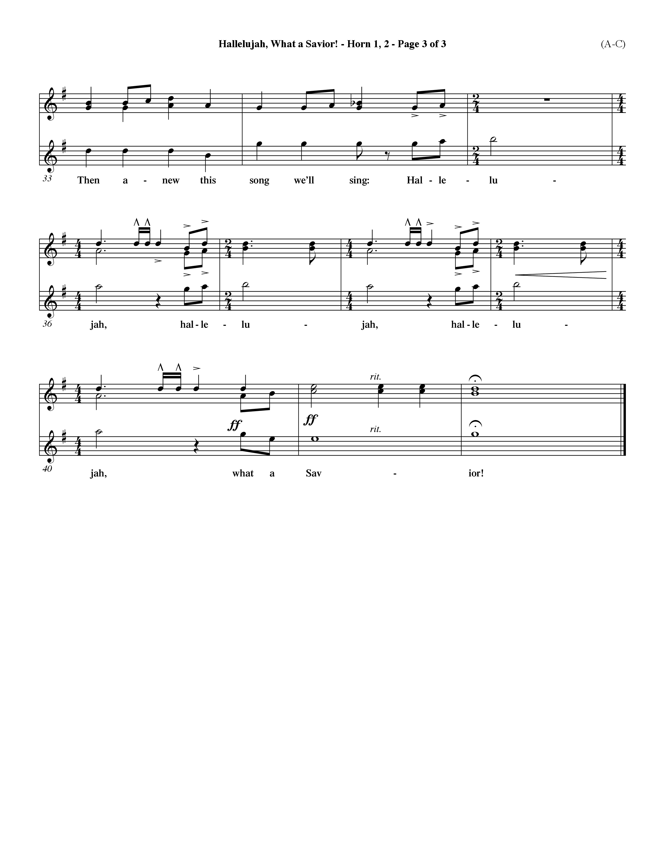 Hallelujah What A Savior (Choral Anthem SATB) French Horn (Word Music Choral / Arr. John Coates / Orch. Dave Williamson / Orch. Rob Thomas)