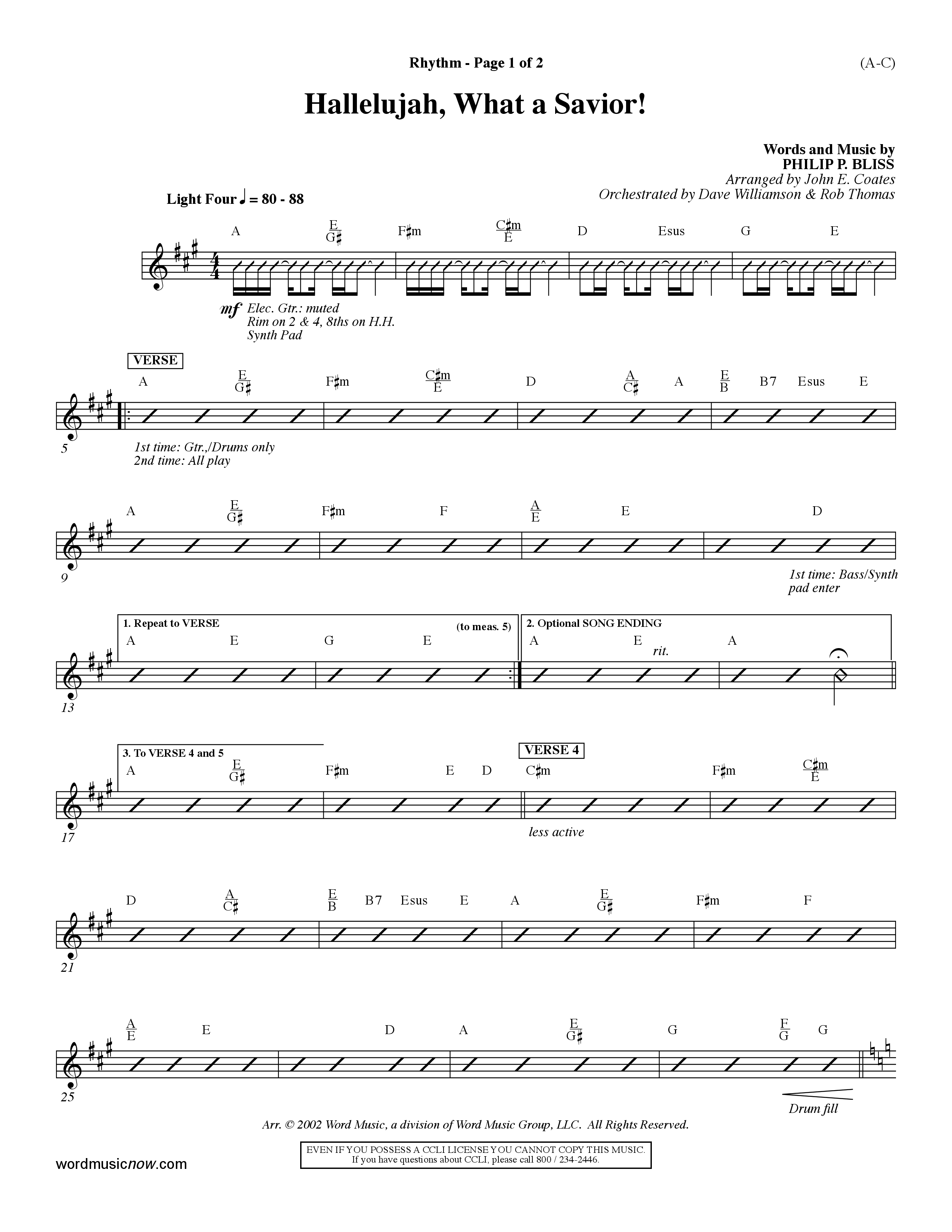 Hallelujah What A Savior (Choral Anthem SATB) Rhythm Chart (Word Music Choral / Arr. John Coates / Orch. Dave Williamson / Orch. Rob Thomas)