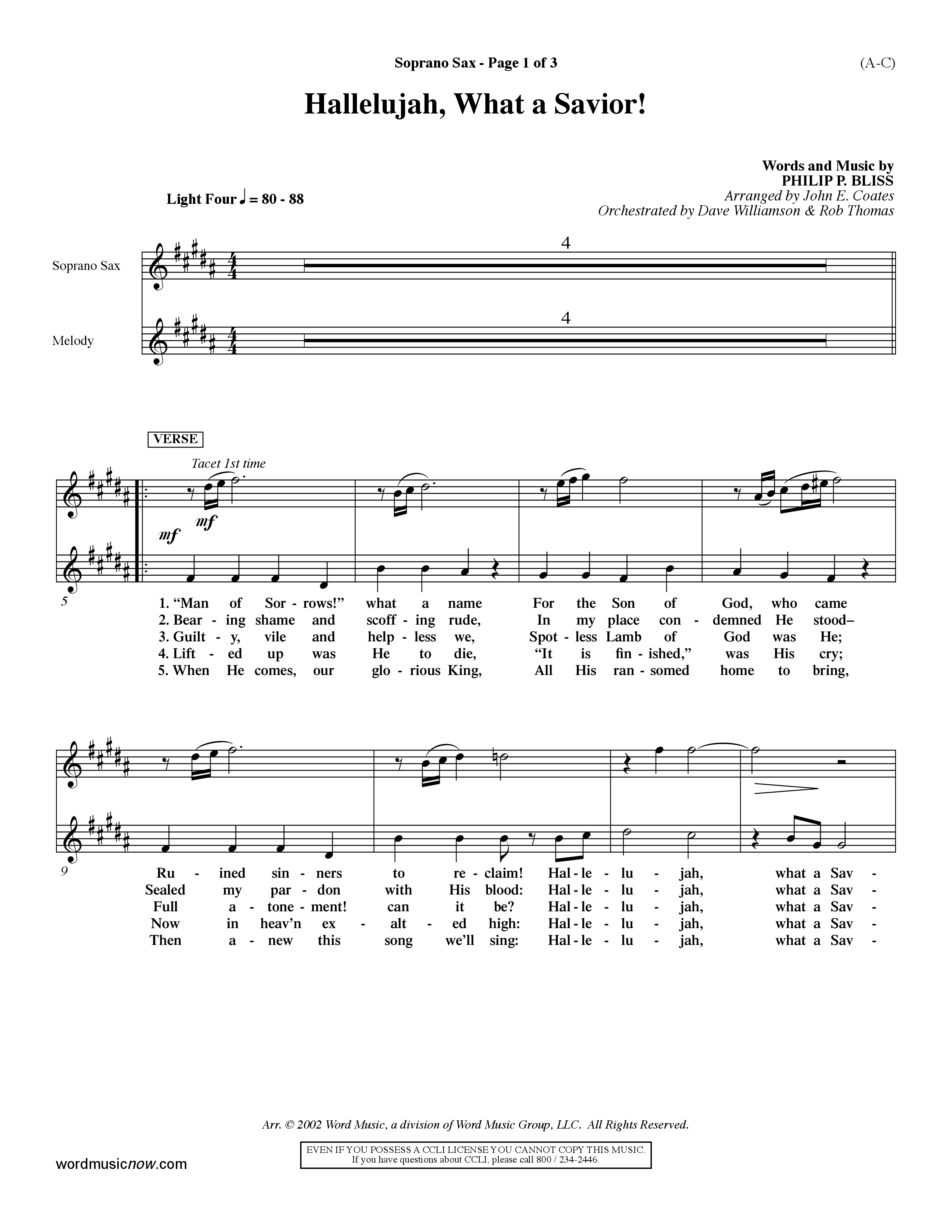 Hallelujah What A Savior (Choral Anthem SATB) Saxophone (Word Music Choral / Arr. John Coates / Orch. Dave Williamson / Orch. Rob Thomas)