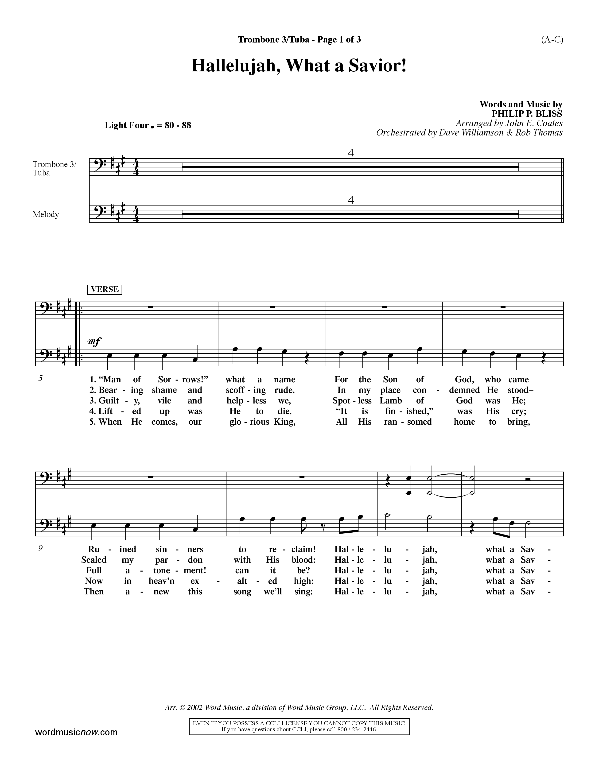 Hallelujah What A Savior (Choral Anthem SATB) Trombone 3/Tuba (Word Music Choral / Arr. John Coates / Orch. Dave Williamson / Orch. Rob Thomas)