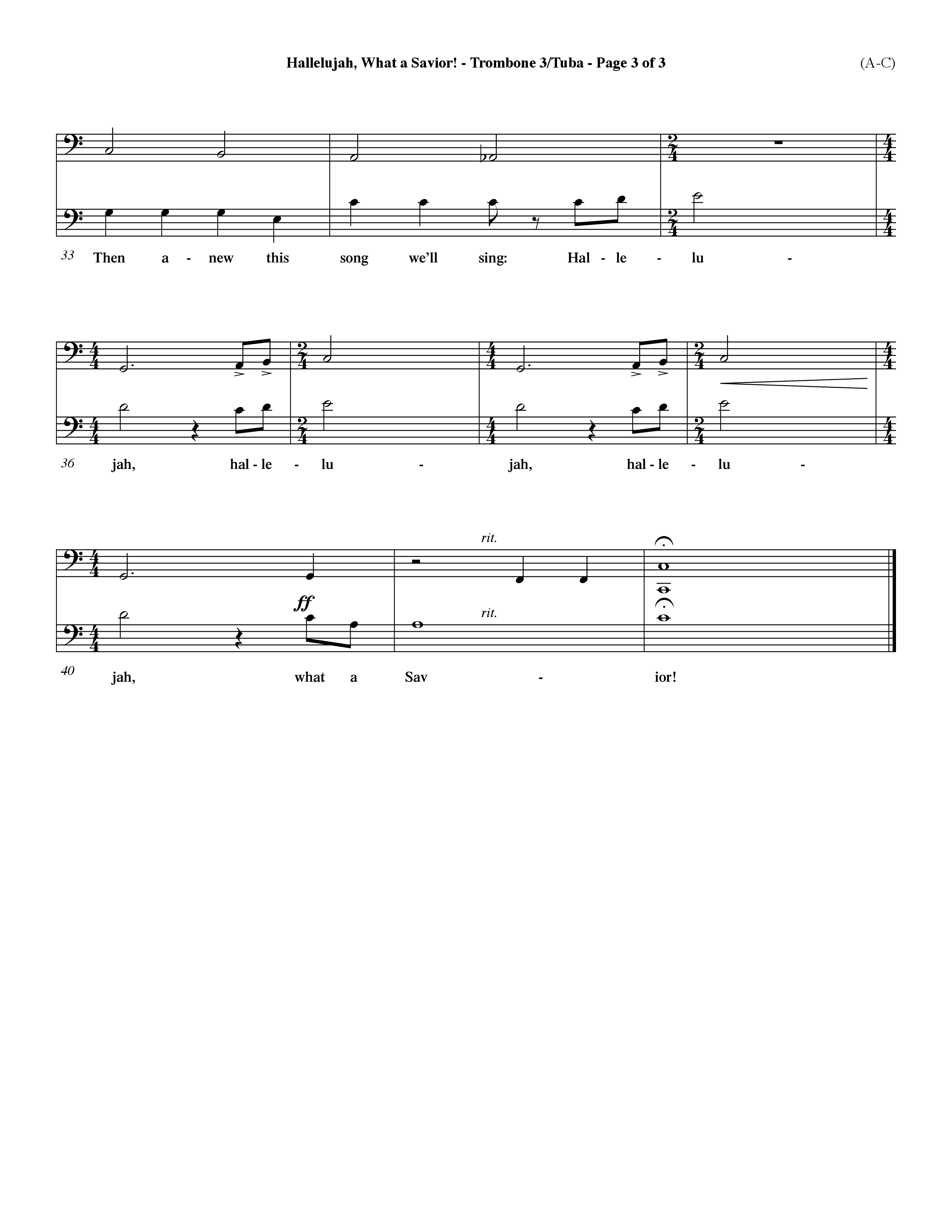 Hallelujah What A Savior (Choral Anthem SATB) Trombone 3/Tuba (Word Music Choral / Arr. John Coates / Orch. Dave Williamson / Orch. Rob Thomas)