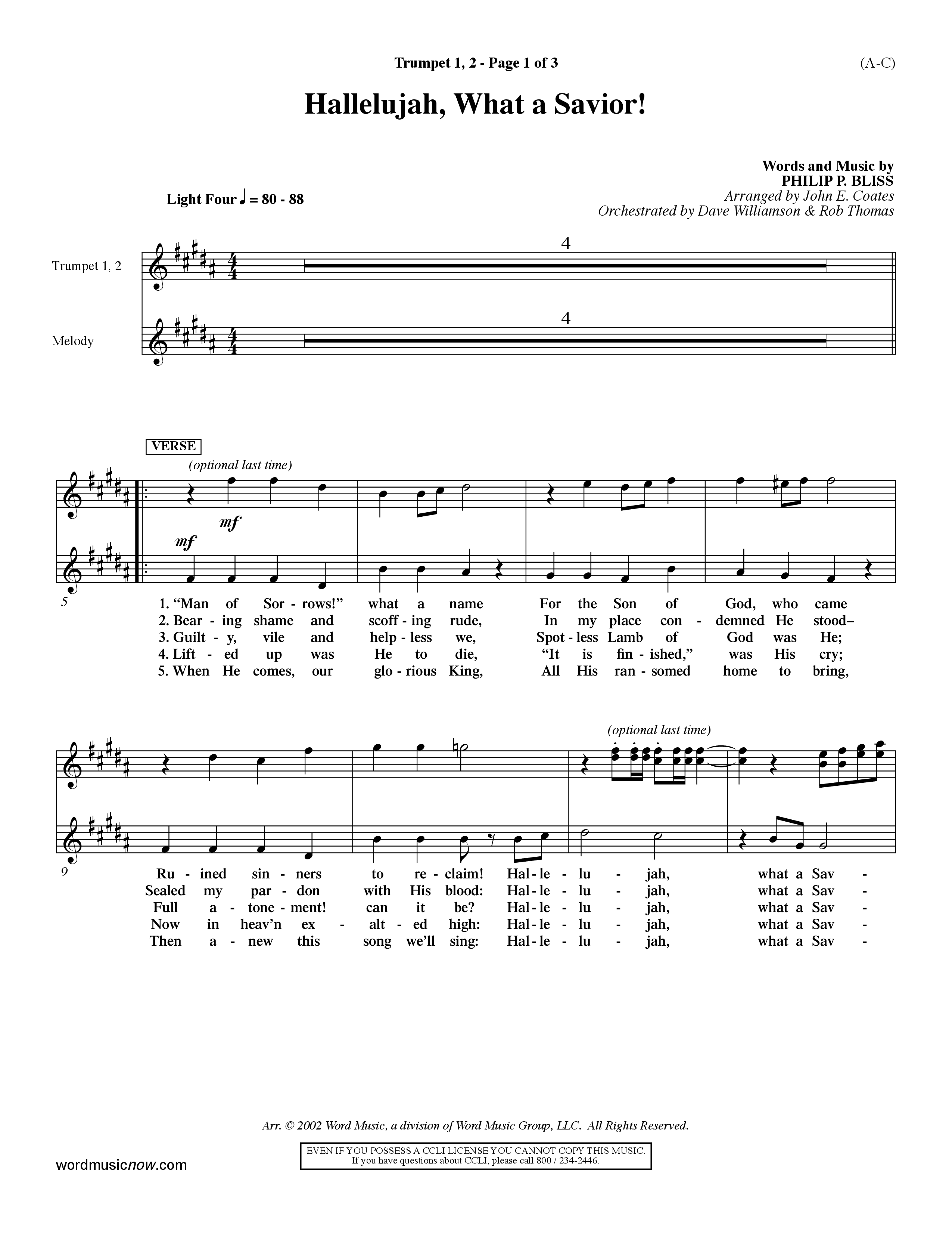 Hallelujah What A Savior (Choral Anthem SATB) Trumpet 1,2 (Word Music Choral / Arr. John Coates / Orch. Dave Williamson / Orch. Rob Thomas)
