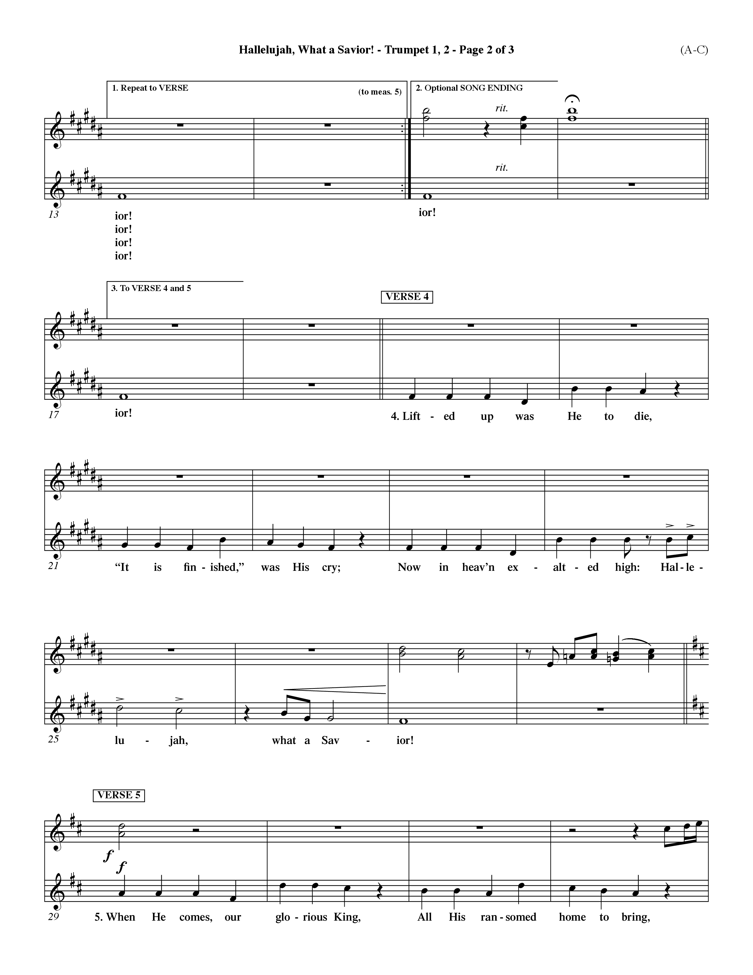 Hallelujah What A Savior (Choral Anthem SATB) Trumpet 1,2 (Word Music Choral / Arr. John Coates / Orch. Dave Williamson / Orch. Rob Thomas)