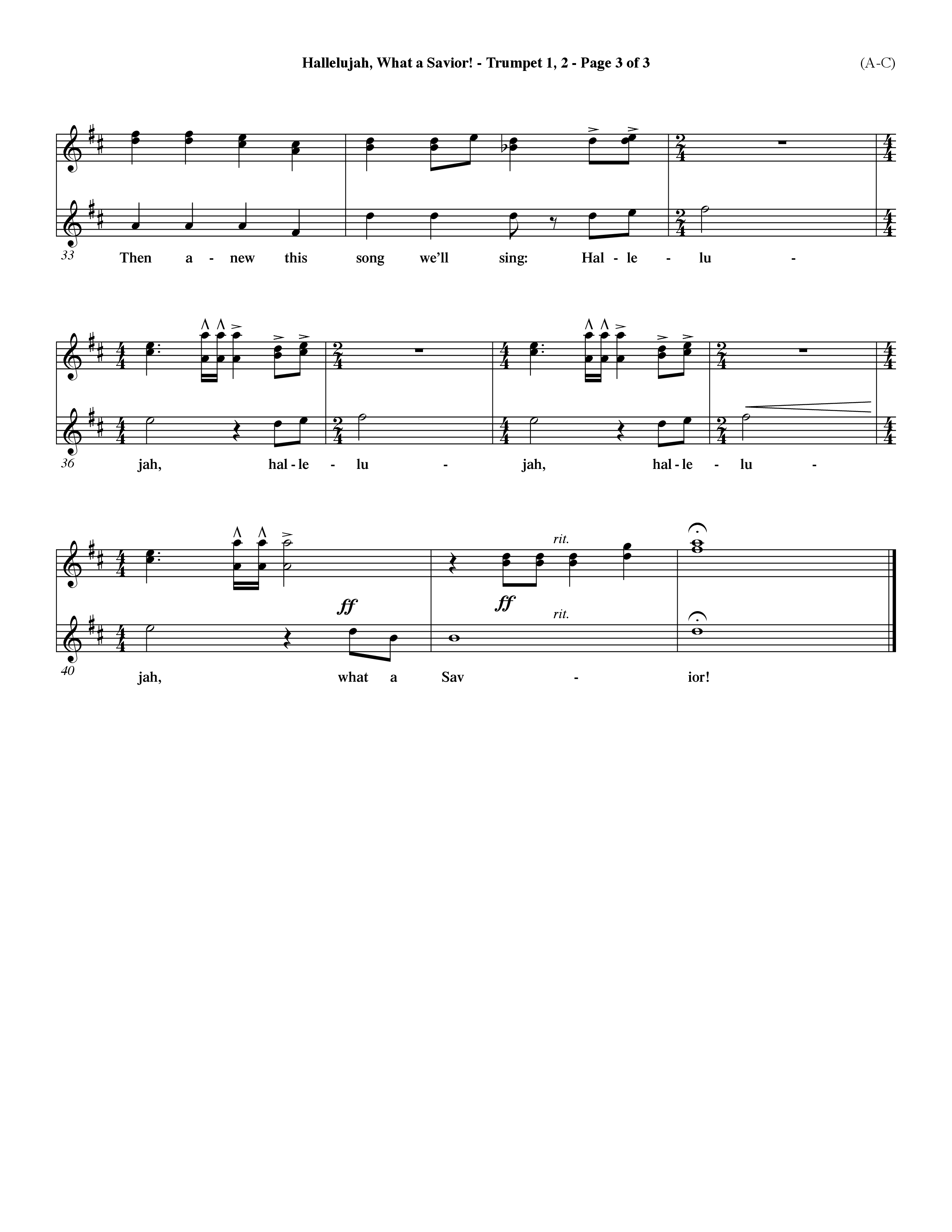 Hallelujah What A Savior (Choral Anthem SATB) Trumpet 1,2 (Word Music Choral / Arr. John Coates / Orch. Dave Williamson / Orch. Rob Thomas)