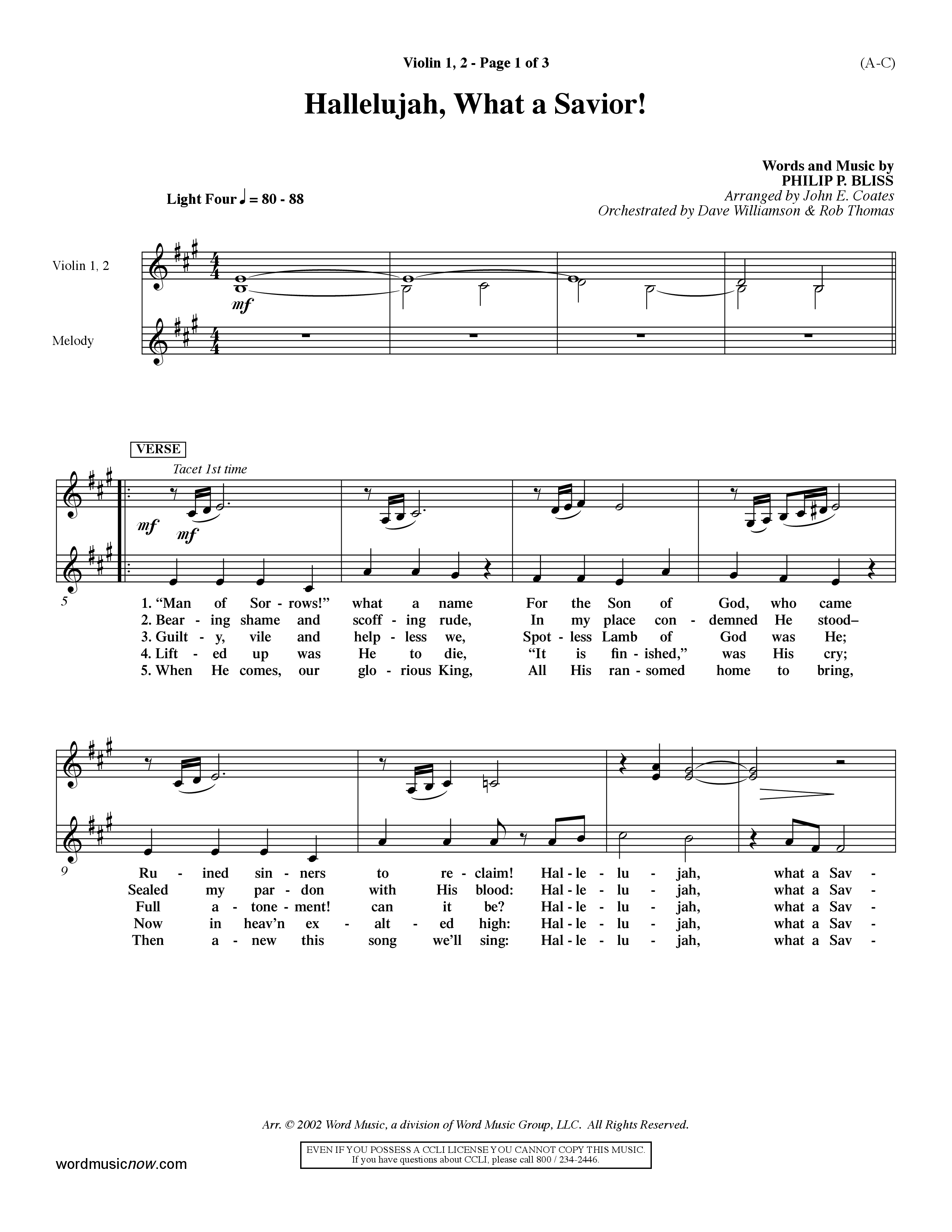 Hallelujah What A Savior (Choral Anthem SATB) Violin 1/2 (Word Music Choral / Arr. John Coates / Orch. Dave Williamson / Orch. Rob Thomas)