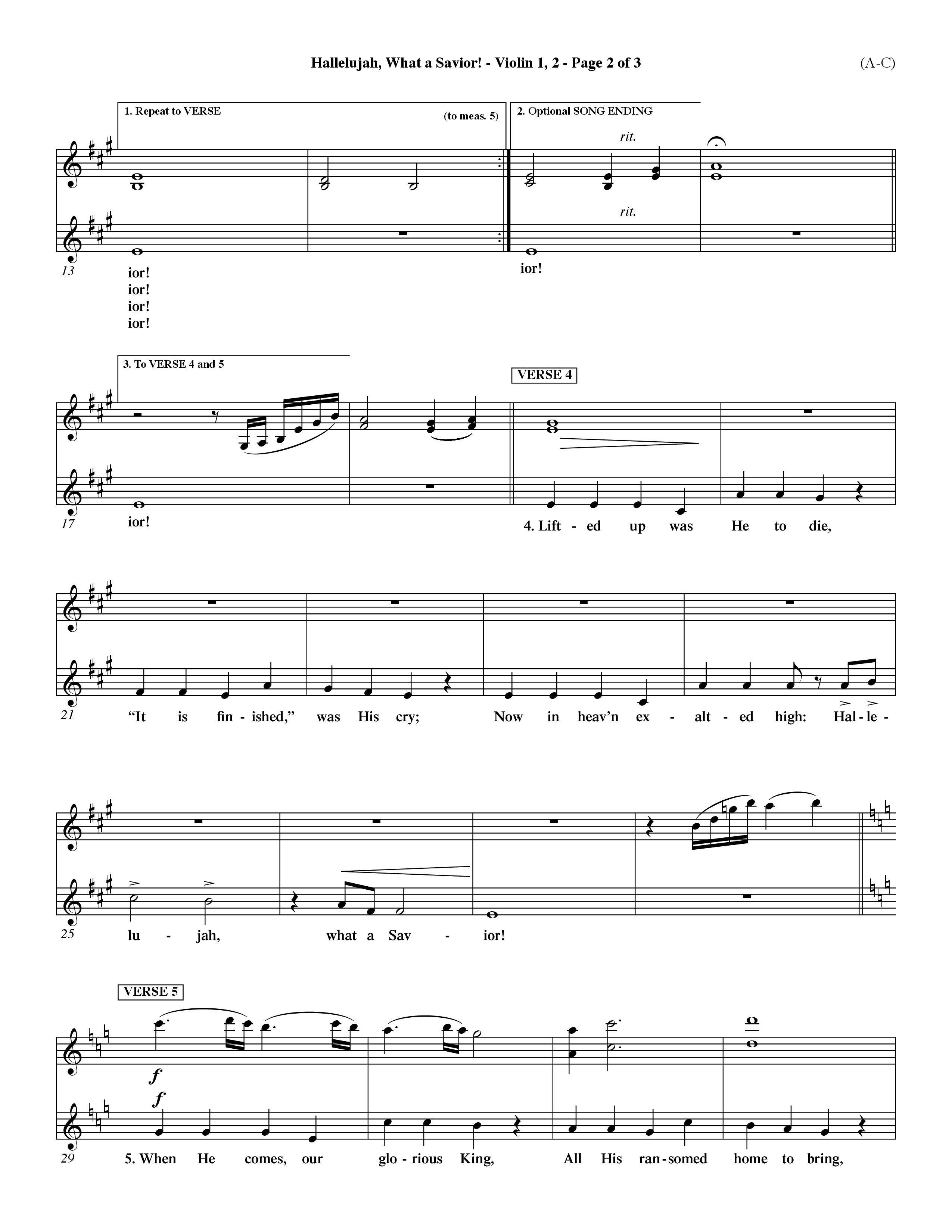Hallelujah What A Savior (Choral Anthem SATB) Violin 1/2 (Word Music Choral / Arr. John Coates / Orch. Dave Williamson / Orch. Rob Thomas)