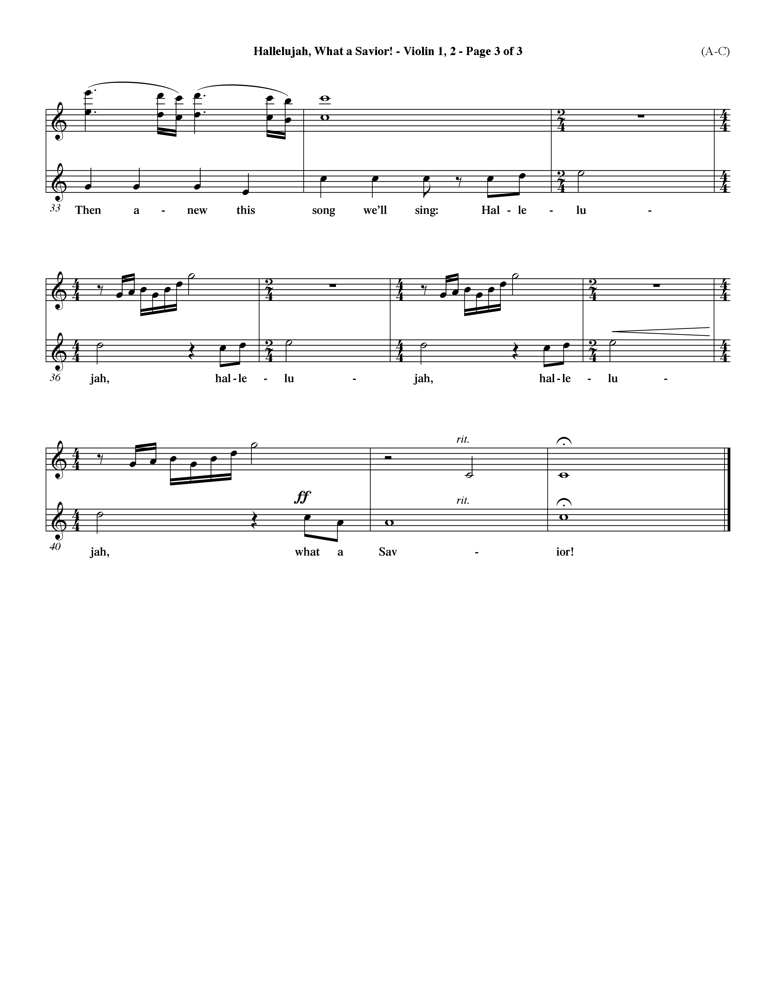 Hallelujah What A Savior (Choral Anthem SATB) Violin 1/2 (Word Music Choral / Arr. John Coates / Orch. Dave Williamson / Orch. Rob Thomas)