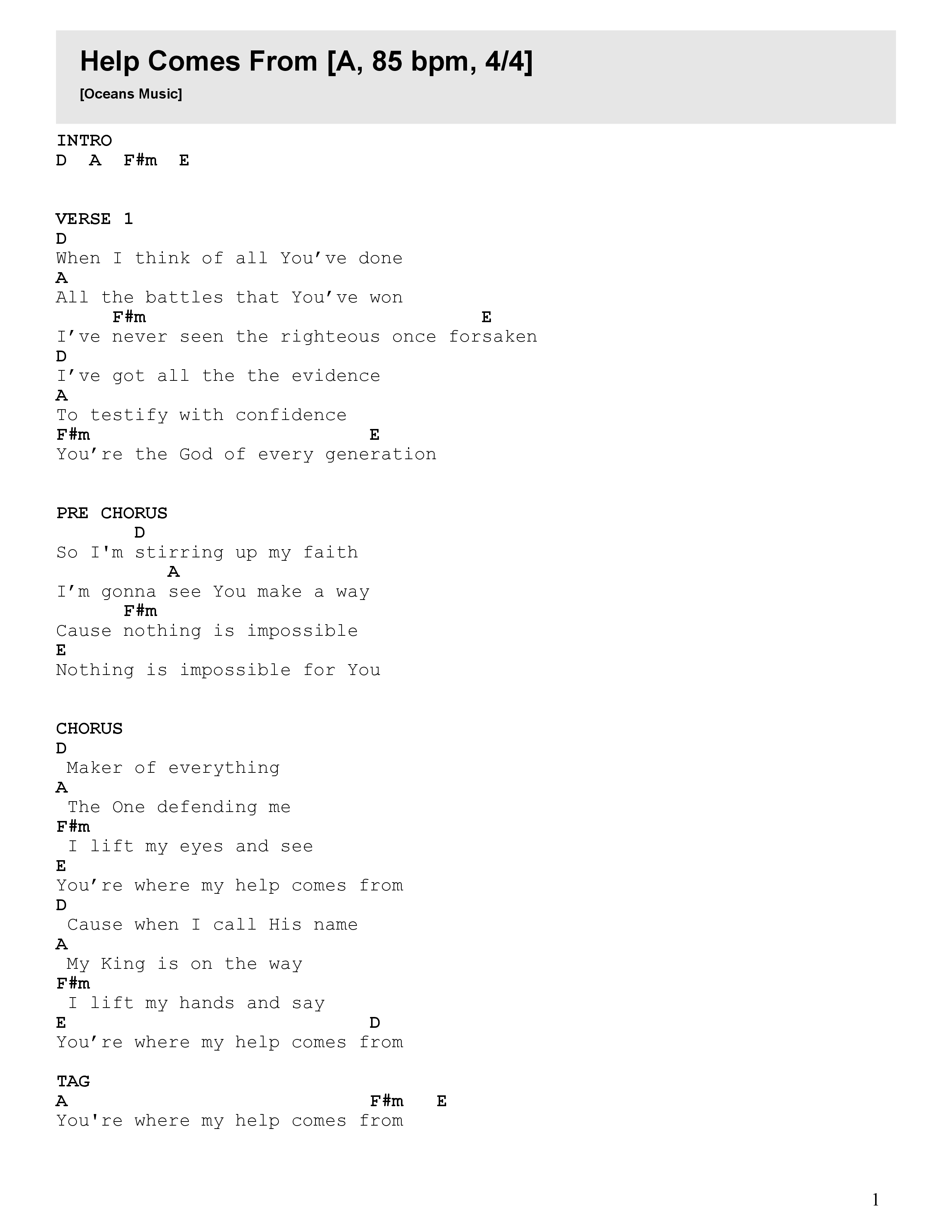 Help Comes From Chord Chart (Oceans Music / David Ryan Cook)