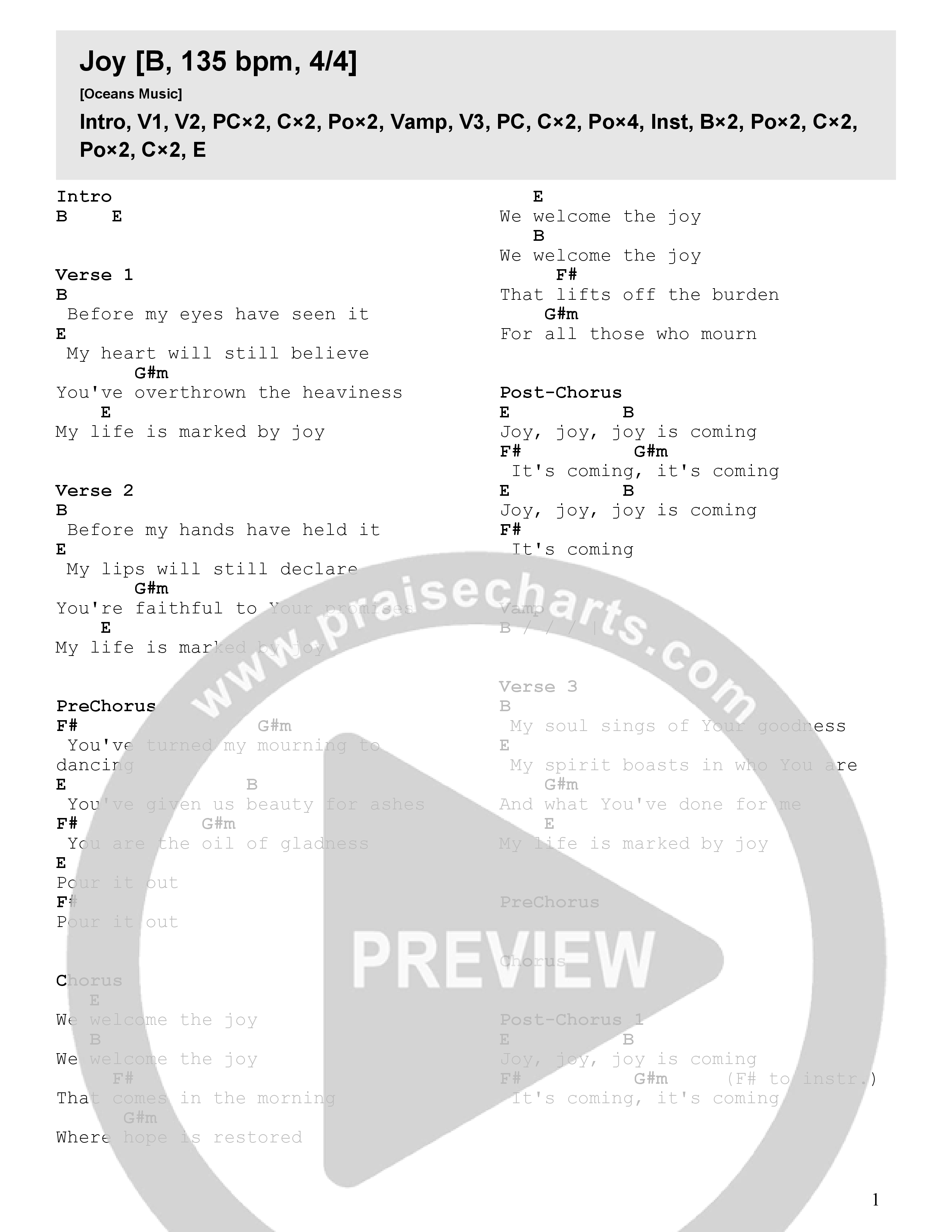 Joy Chord Chart (Oceans Music / bodie)