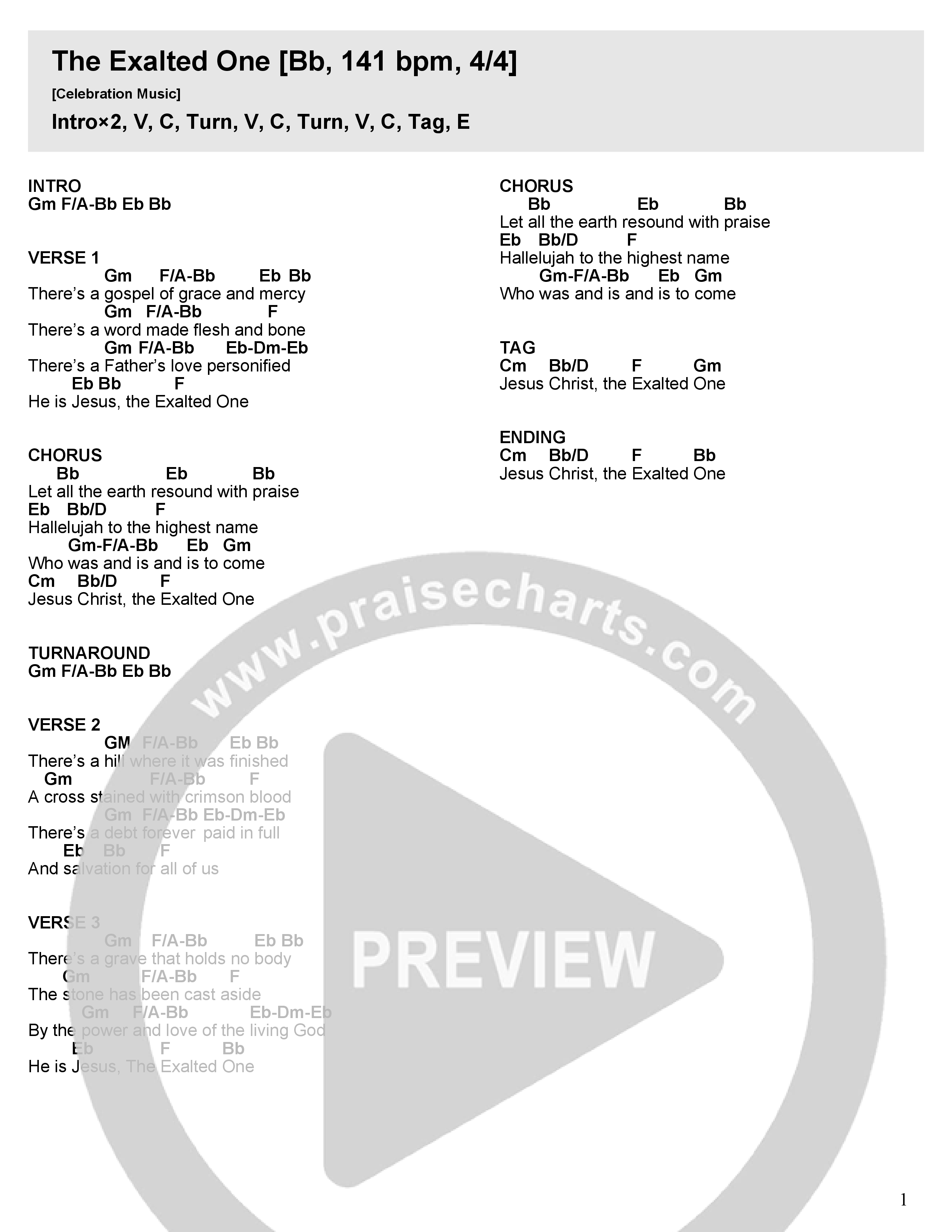 Exalted One Chord Chart (Celebration Music / Lauren Tyler)