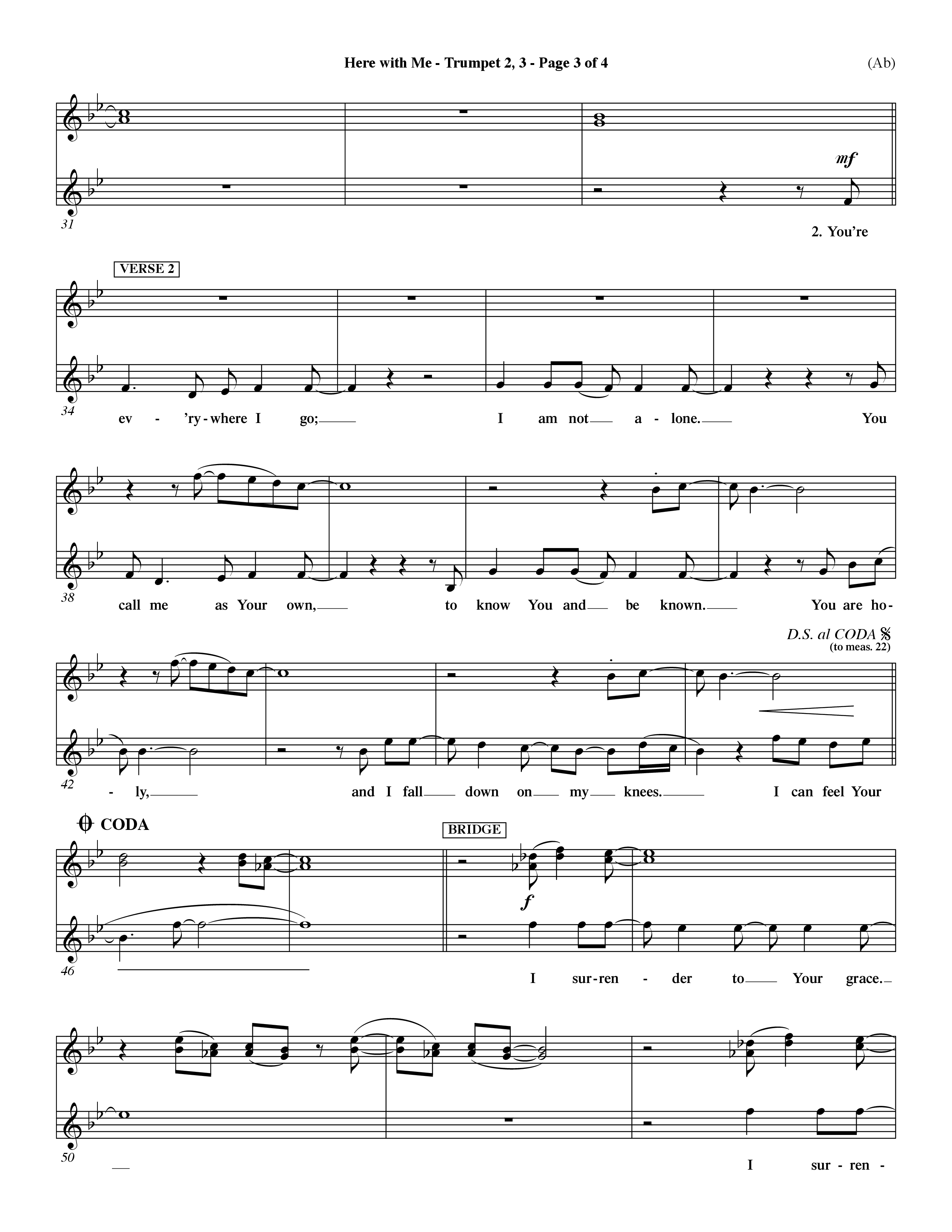 Here With Me (Choral Anthem SATB) Trumpet 2/3 (Word Music Choral / Orch. Dave Williamson)
