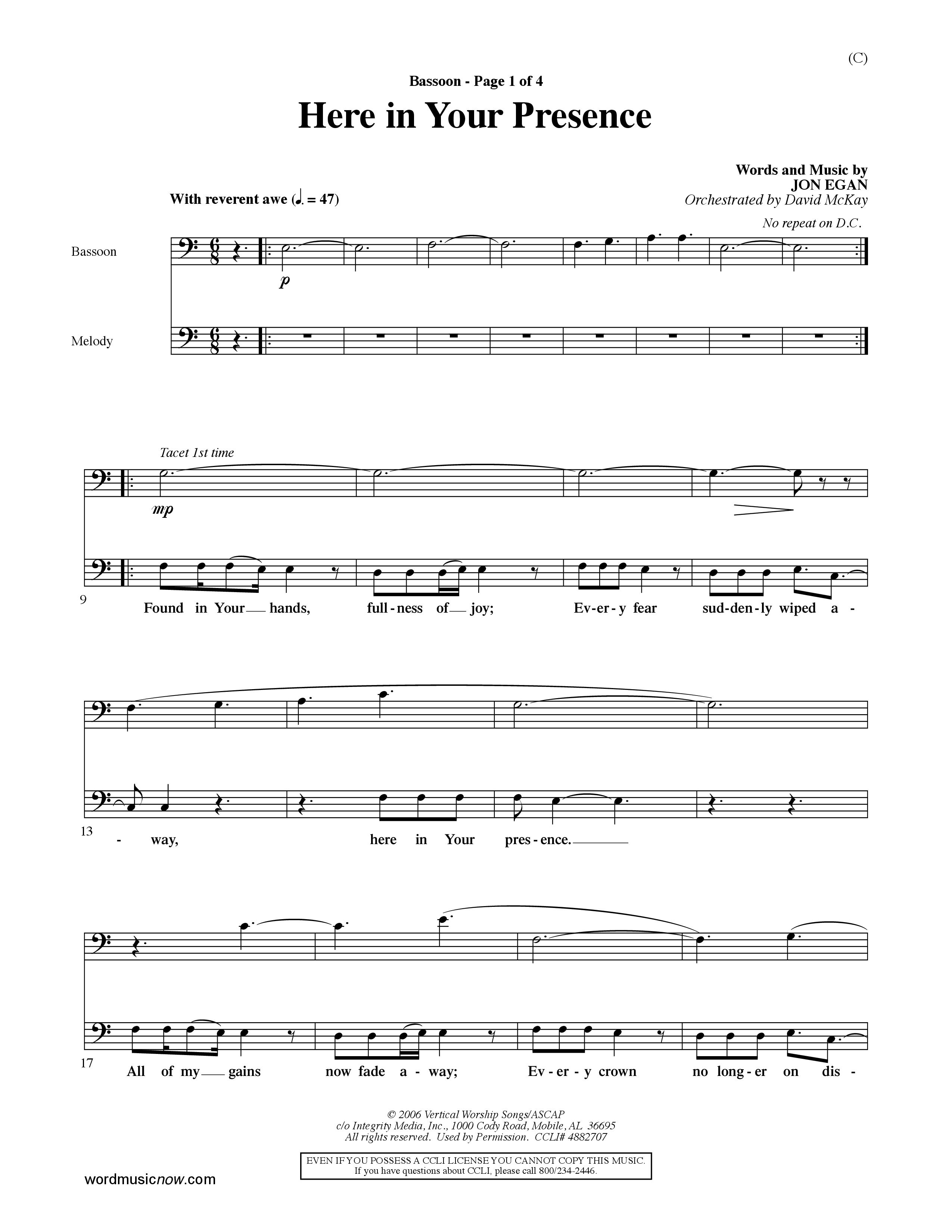 Here In Your Presence (Choral Anthem SATB) Bassoon (Word Music Choral / Orch. David McKay)