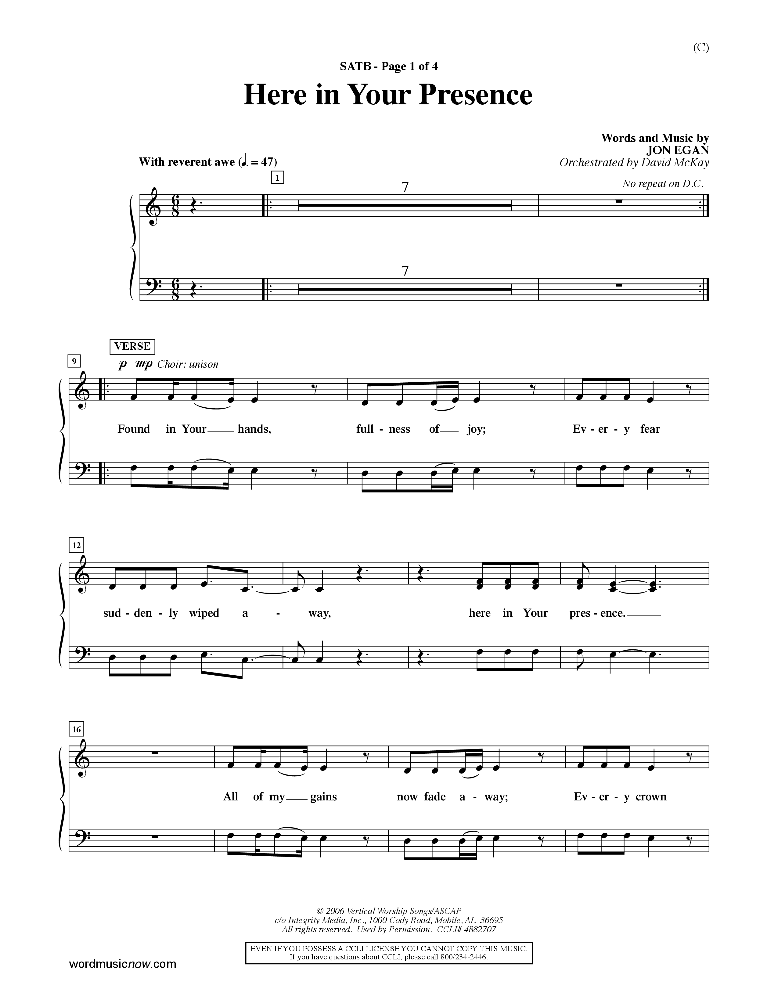 Here In Your Presence (Choral Anthem SATB) Choir Sheet (SATB) (Word Music Choral / Orch. David McKay)