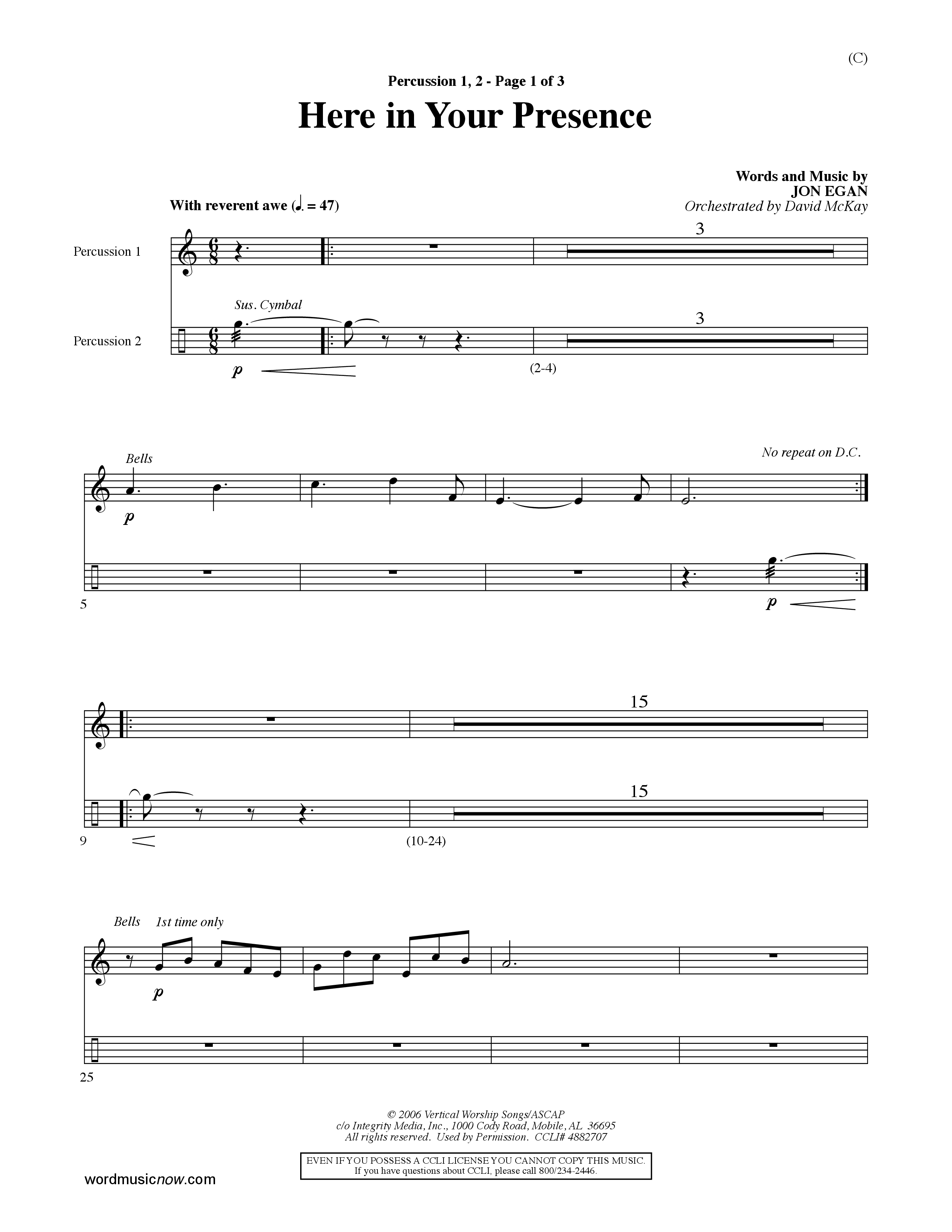 Here In Your Presence (Choral Anthem SATB) Percussion 1/2 (Word Music Choral / Orch. David McKay)