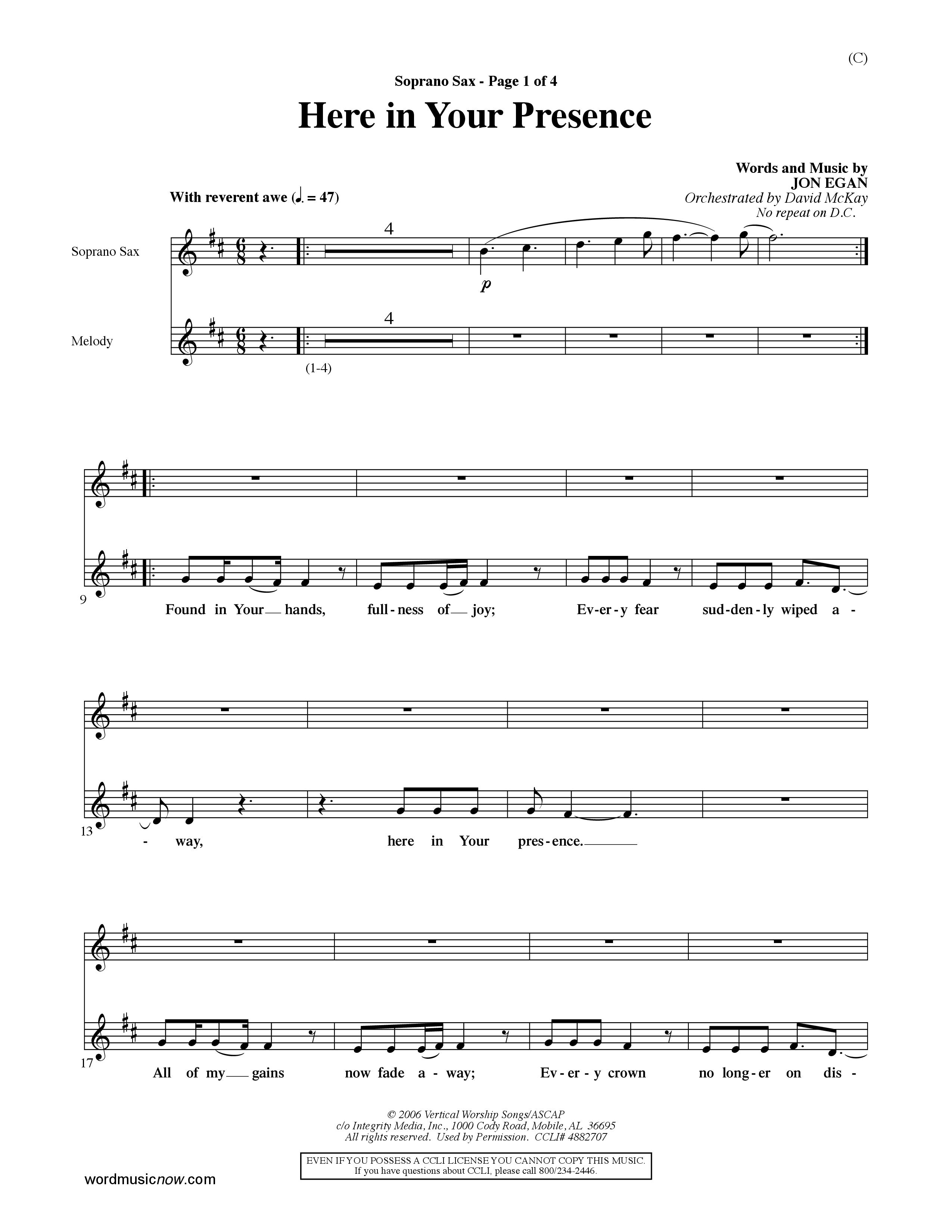 Here In Your Presence (Choral Anthem SATB) Saxophone (Word Music Choral / Orch. David McKay)