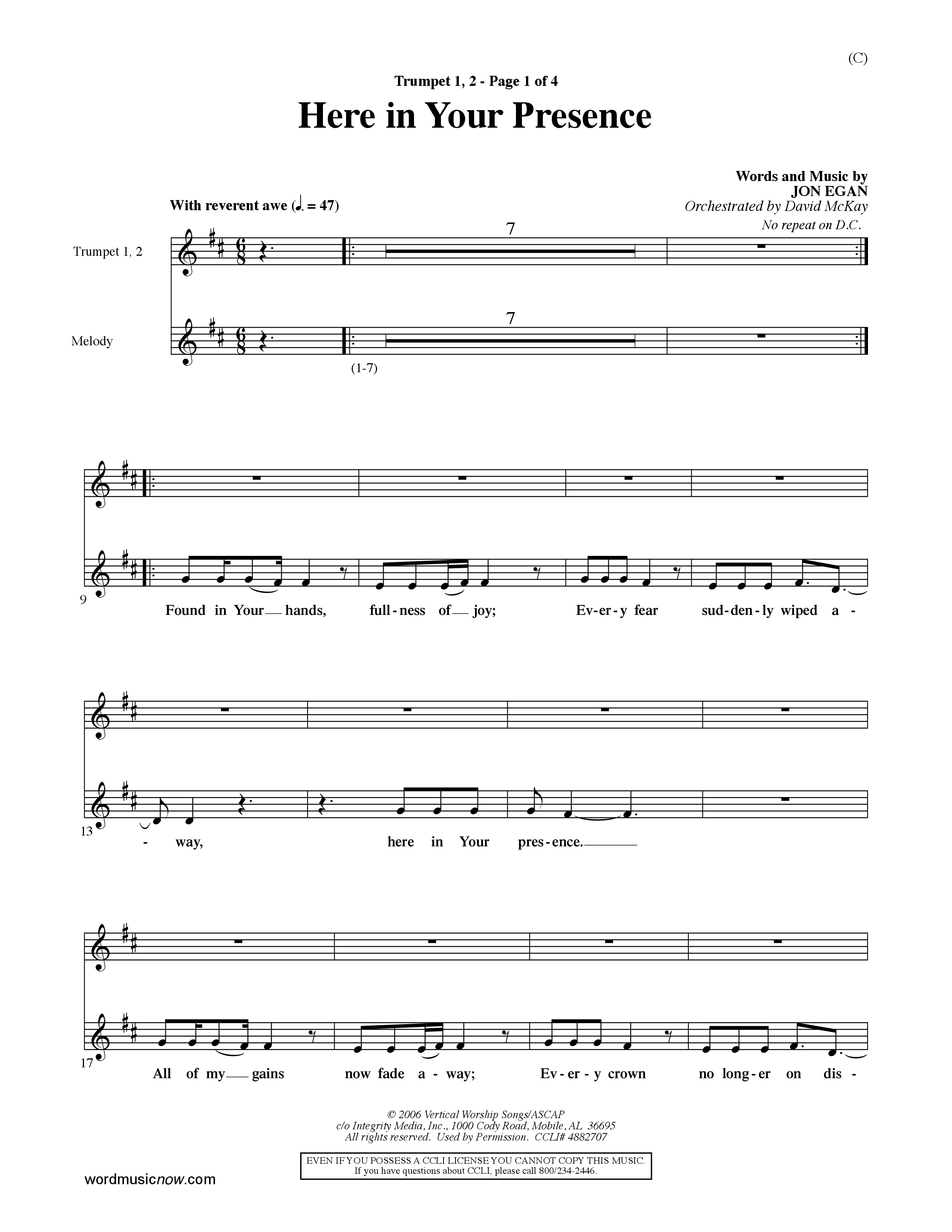 Here In Your Presence (Choral Anthem SATB) Trumpet 1,2 (Word Music Choral / Orch. David McKay)