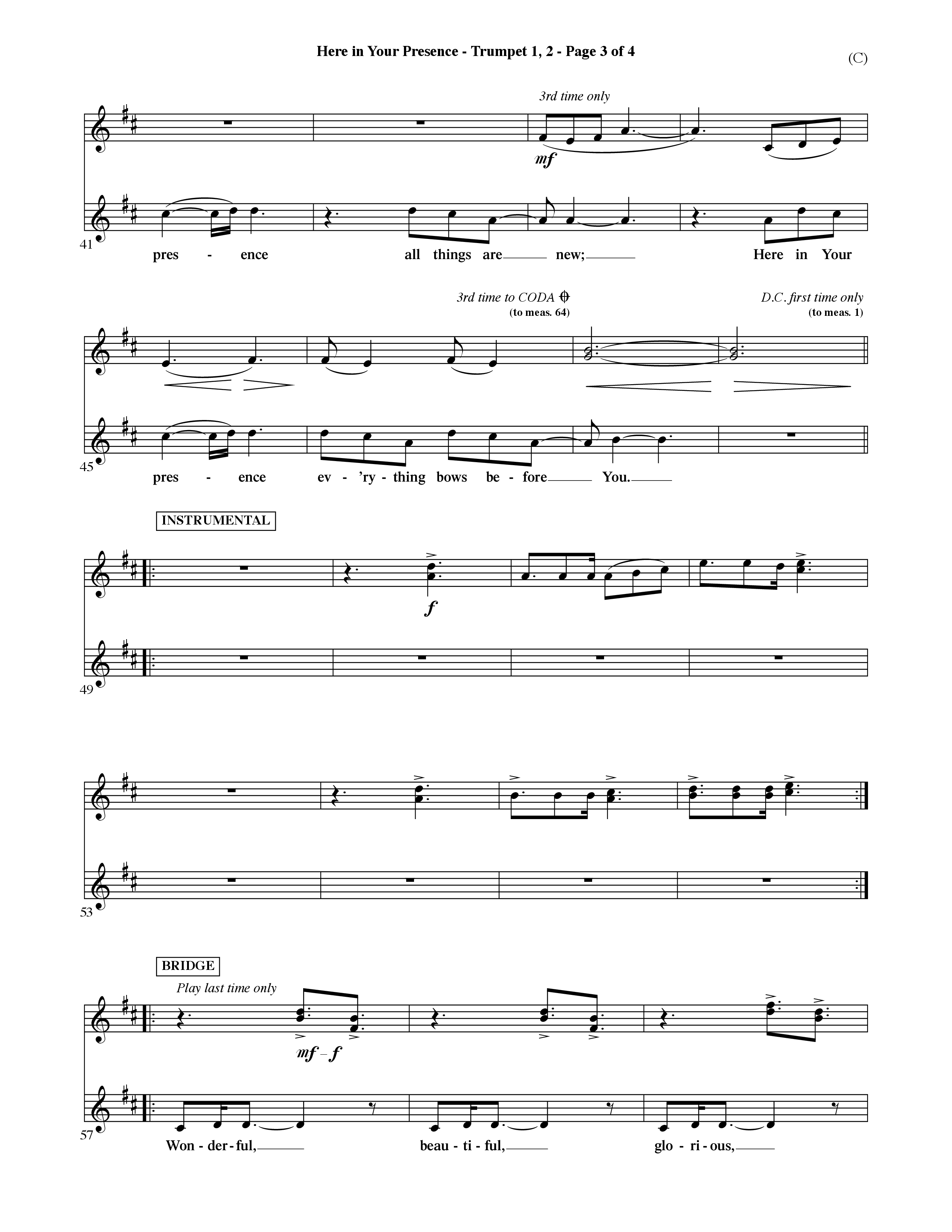 Here In Your Presence (Choral Anthem SATB) Trumpet 1,2 (Word Music Choral / Orch. David McKay)