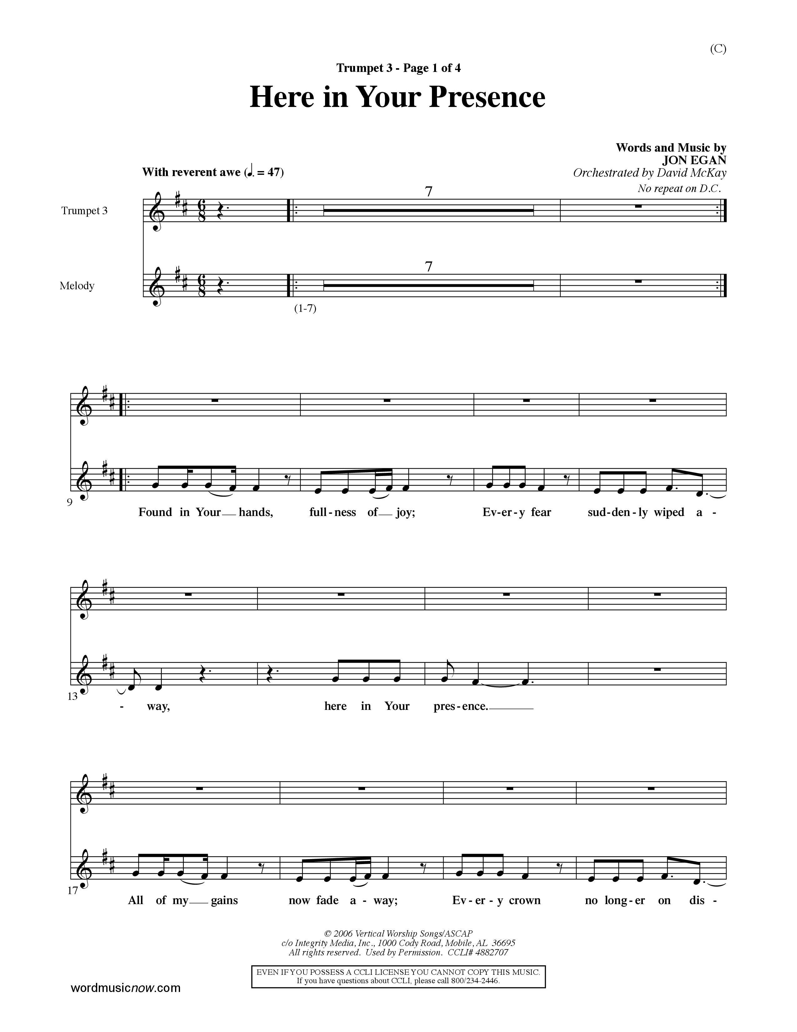 Here In Your Presence (Choral Anthem SATB) Trumpet 3 (Word Music Choral / Orch. David McKay)
