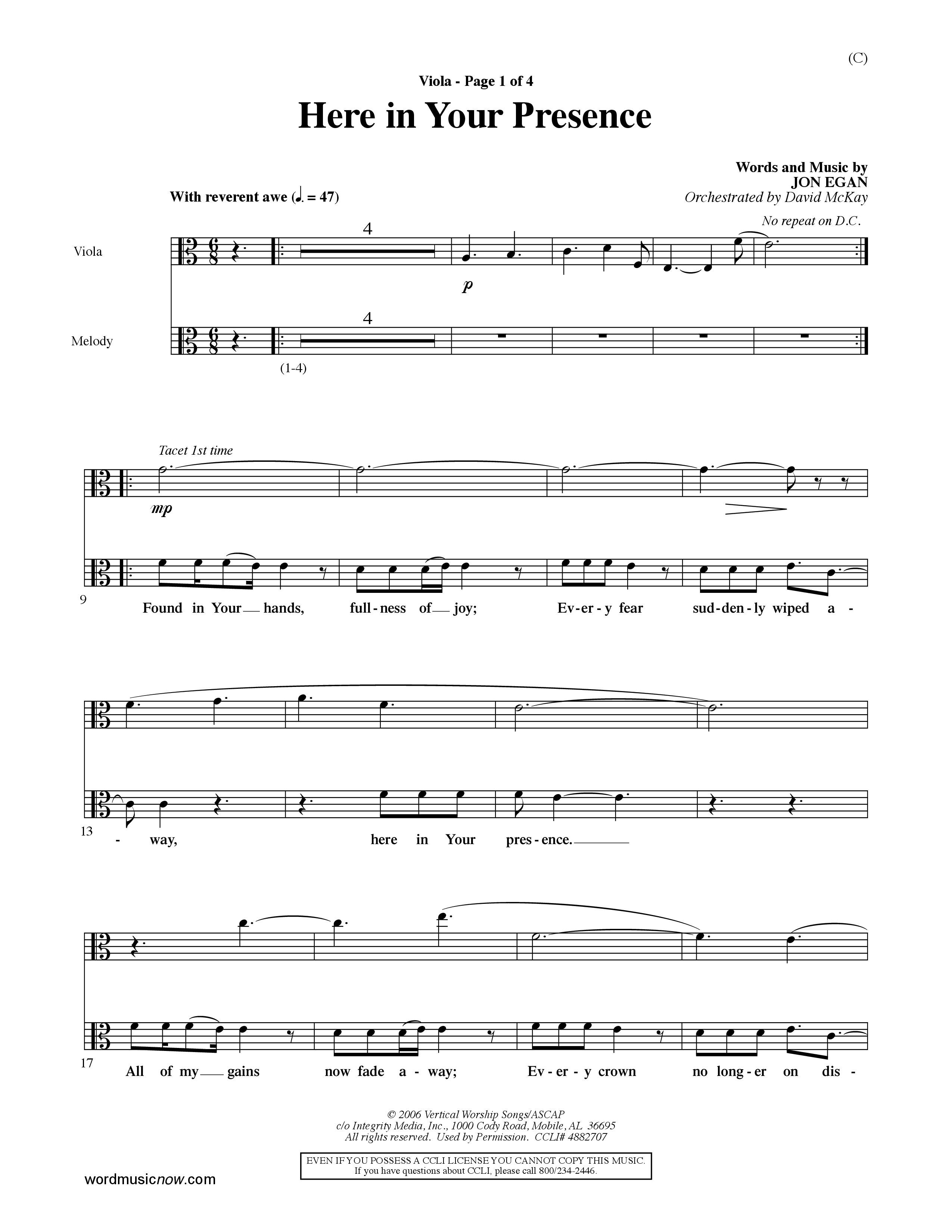 Here In Your Presence (Choral Anthem SATB) Viola (Word Music Choral / Orch. David McKay)