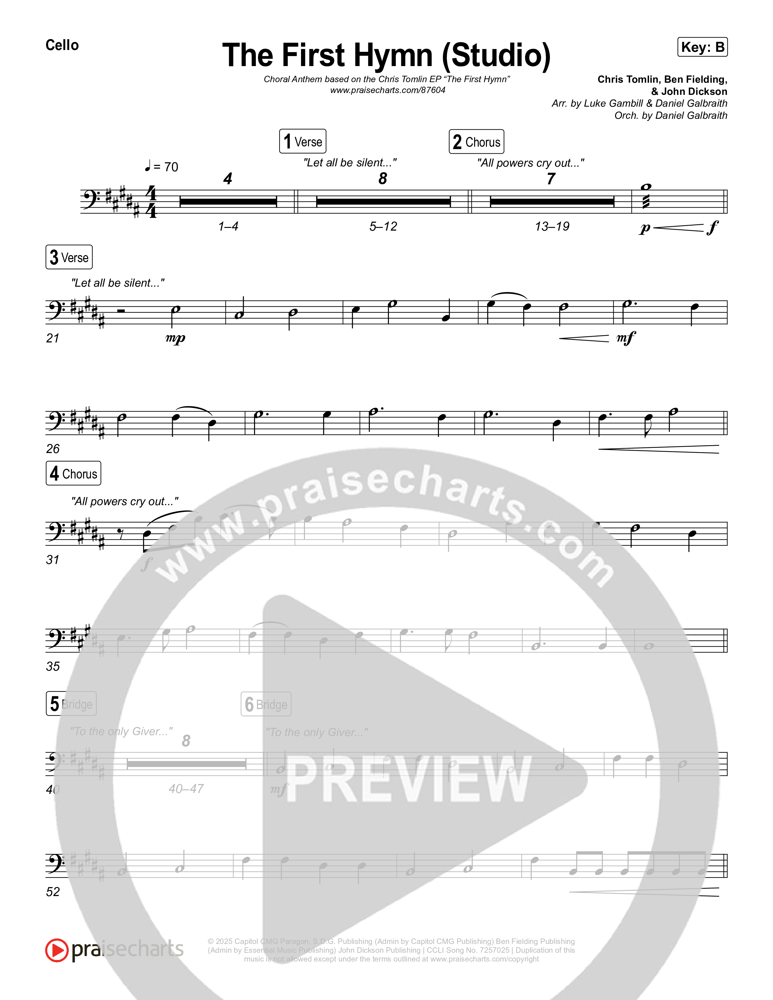 The First Hymn (Choral Anthem SATB) Cello (Chris Tofilon / Ben Fielding / Arr. Luke Gambill)