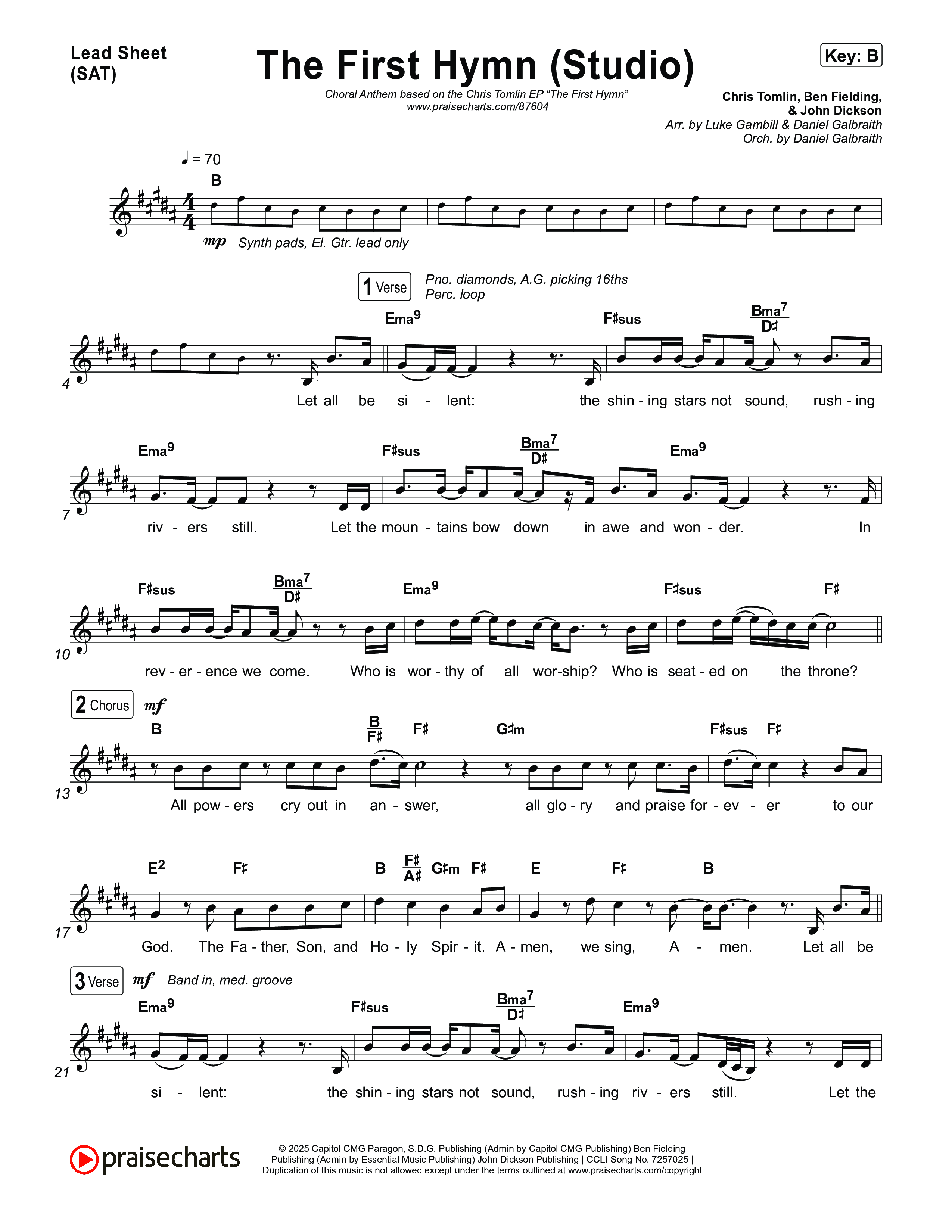 The First Hymn (Choral Anthem SATB) Lead Sheet (SAT) (Chris Tofilon / Ben Fielding / Arr. Luke Gambill)