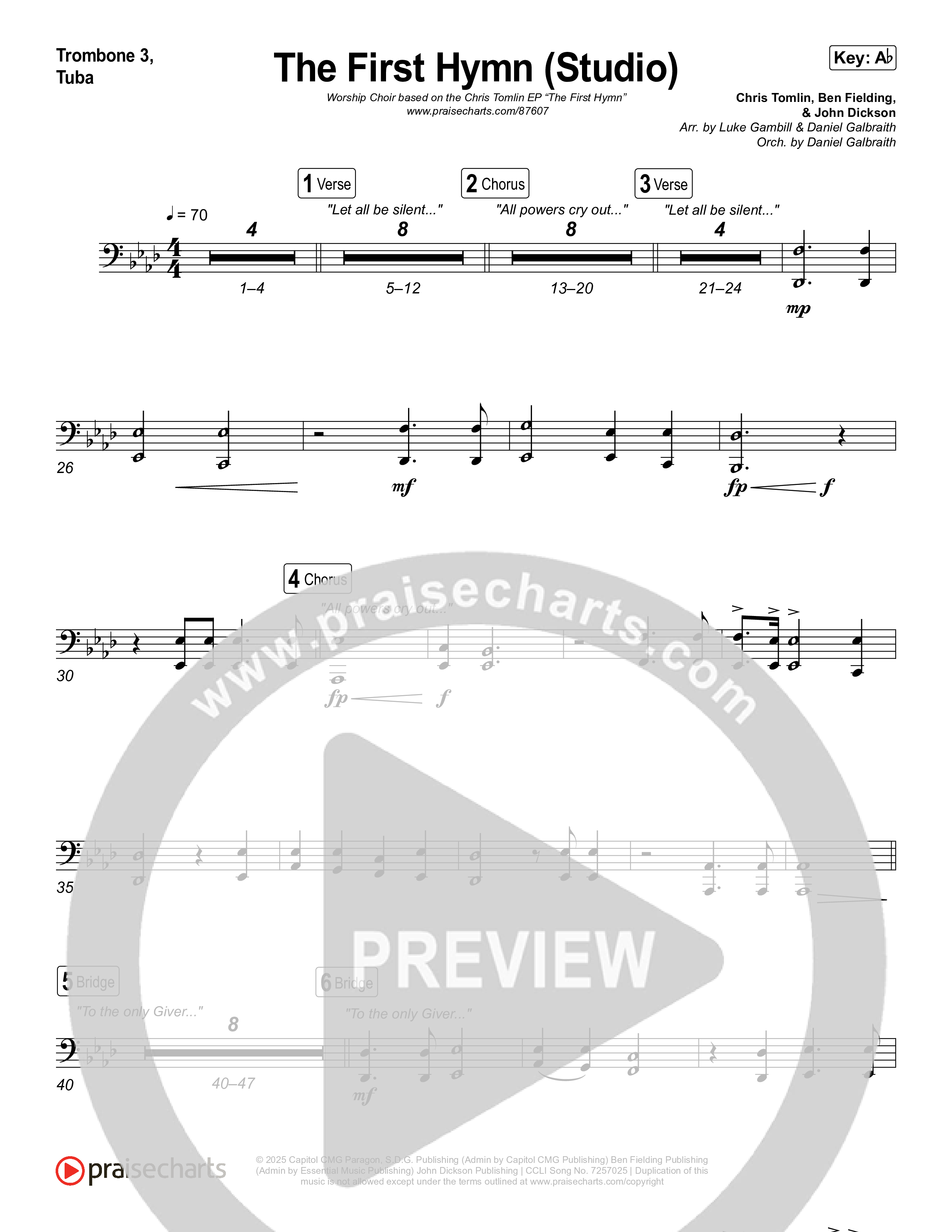 The First Hymn (Worship Choir/SAB) Trombone 3/Tuba (Chris Tofilon / Ben Fielding / Arr. Luke Gambill)