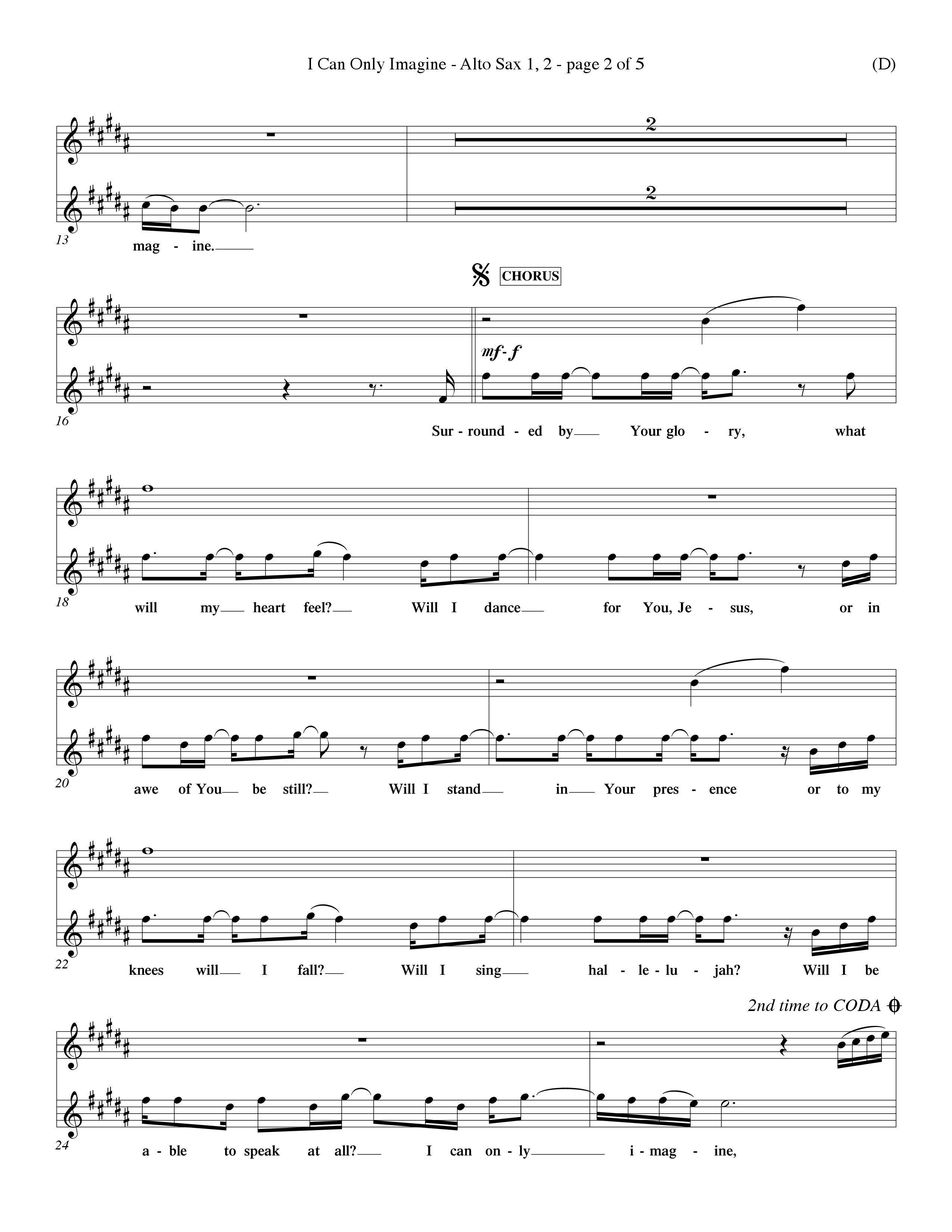 I Can Only Imagine (Choral Anthem SATB) Alto Sax 1/2 (Word Music Choral / Orch. Dave Williamson)