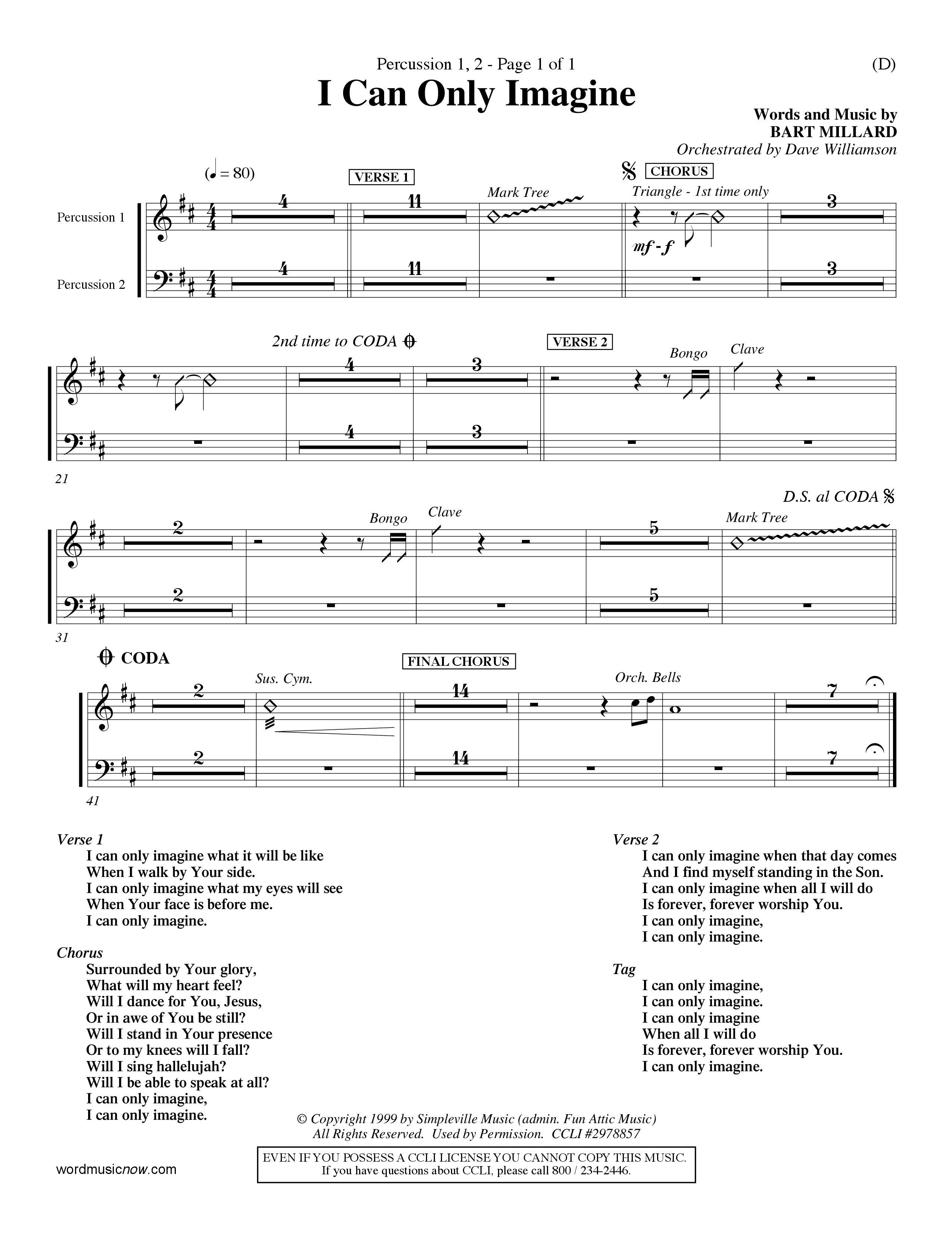 I Can Only Imagine (Choral Anthem SATB) Percussion 1/2 (Word Music Choral / Orch. Dave Williamson)