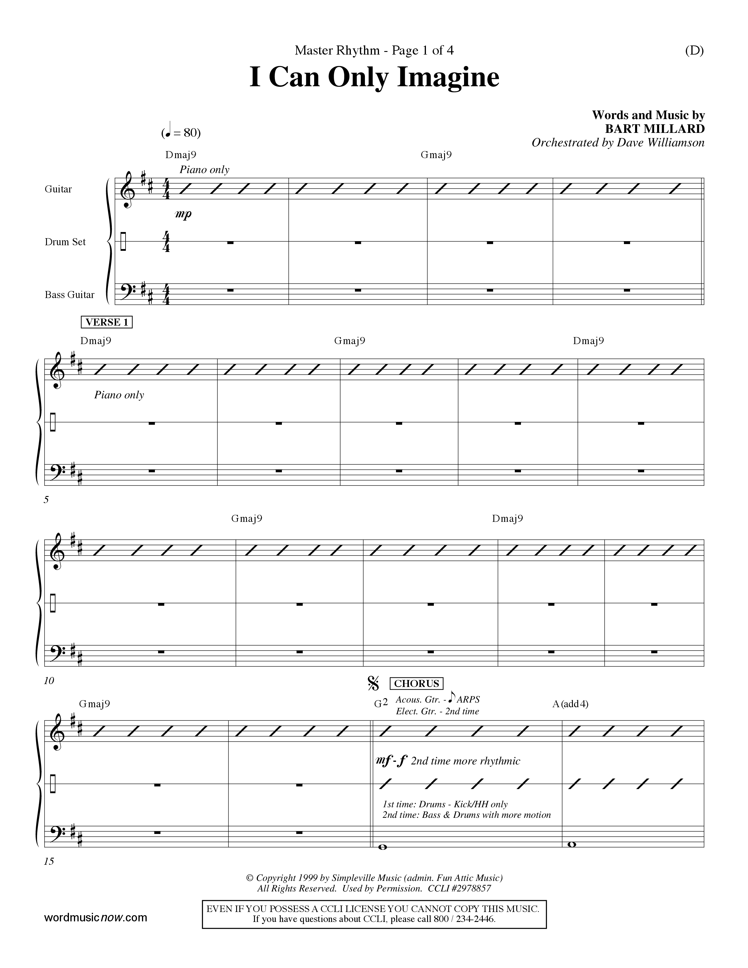 I Can Only Imagine (Choral Anthem SATB) Rhythm Chart (Word Music Choral / Orch. Dave Williamson)