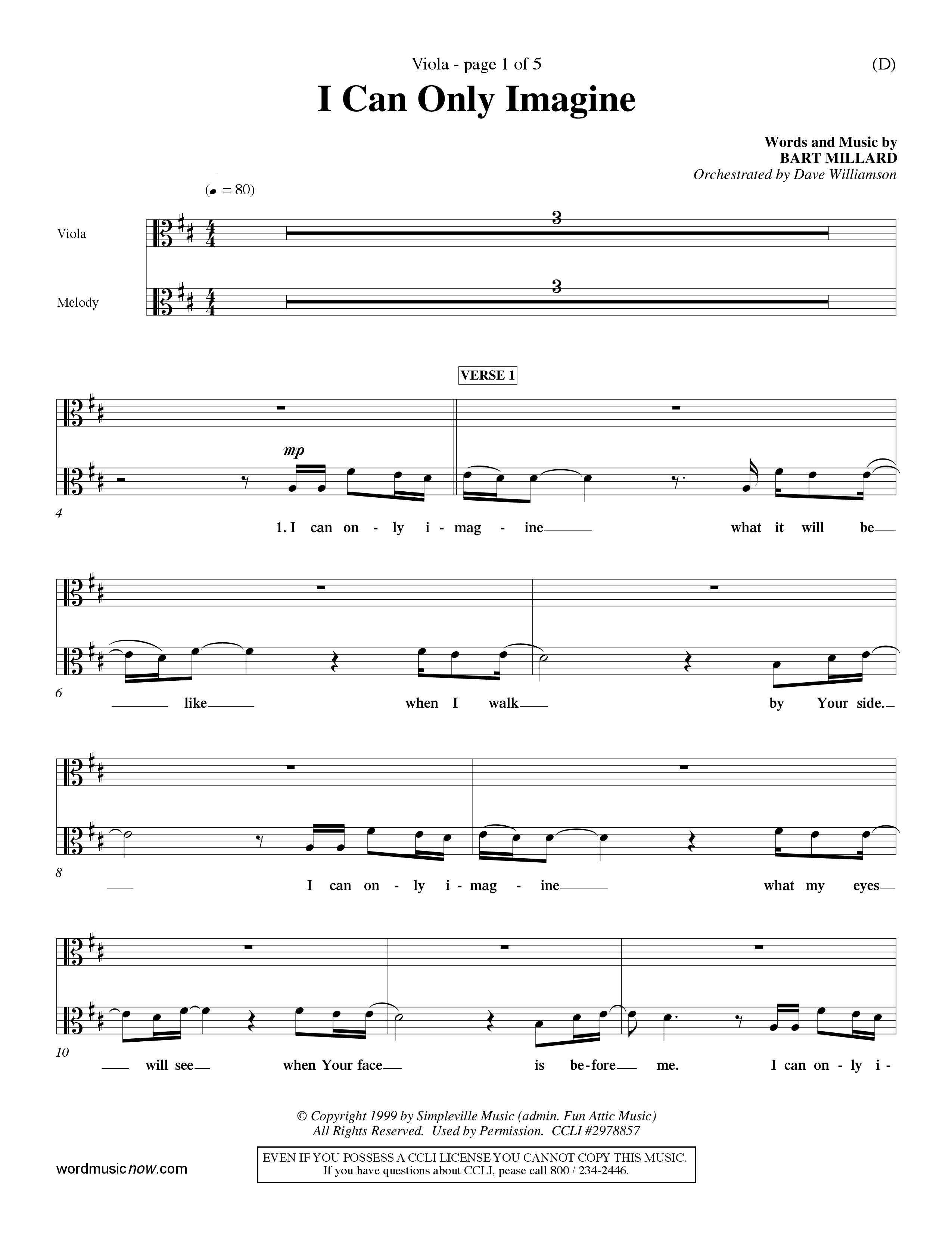 I Can Only Imagine (Choral Anthem SATB) Viola (Word Music Choral / Orch. Dave Williamson)