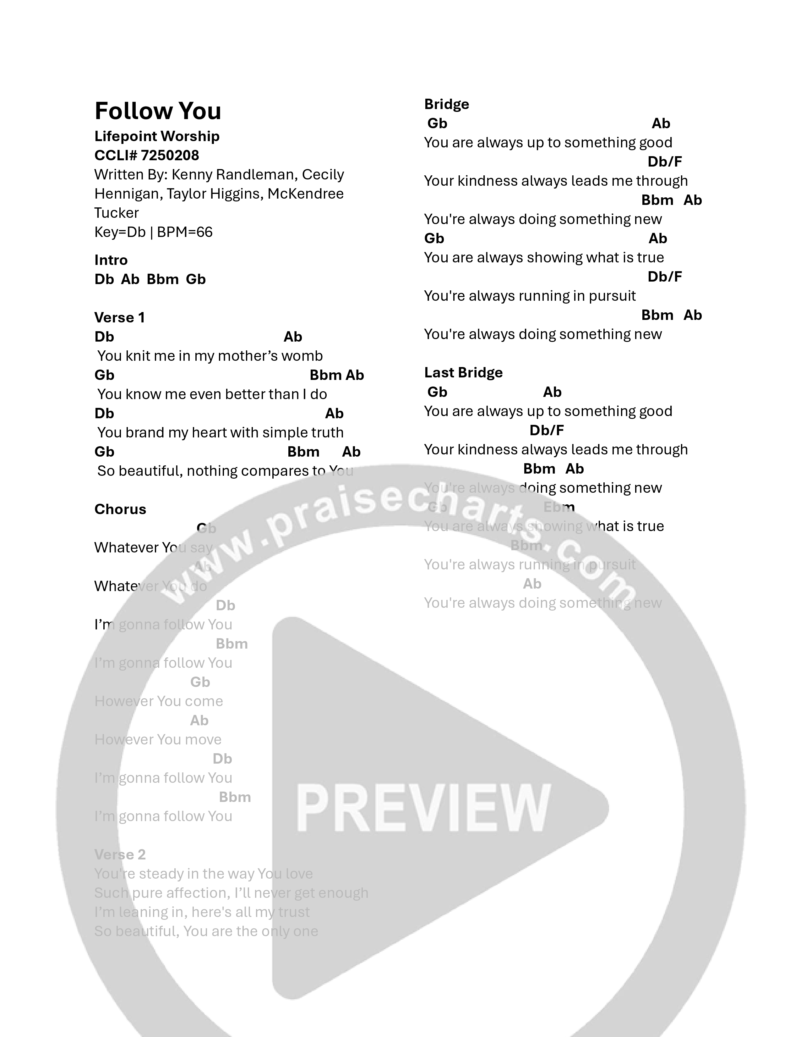 Follow You (Live) Chord Chart (Lifepoint Worship)