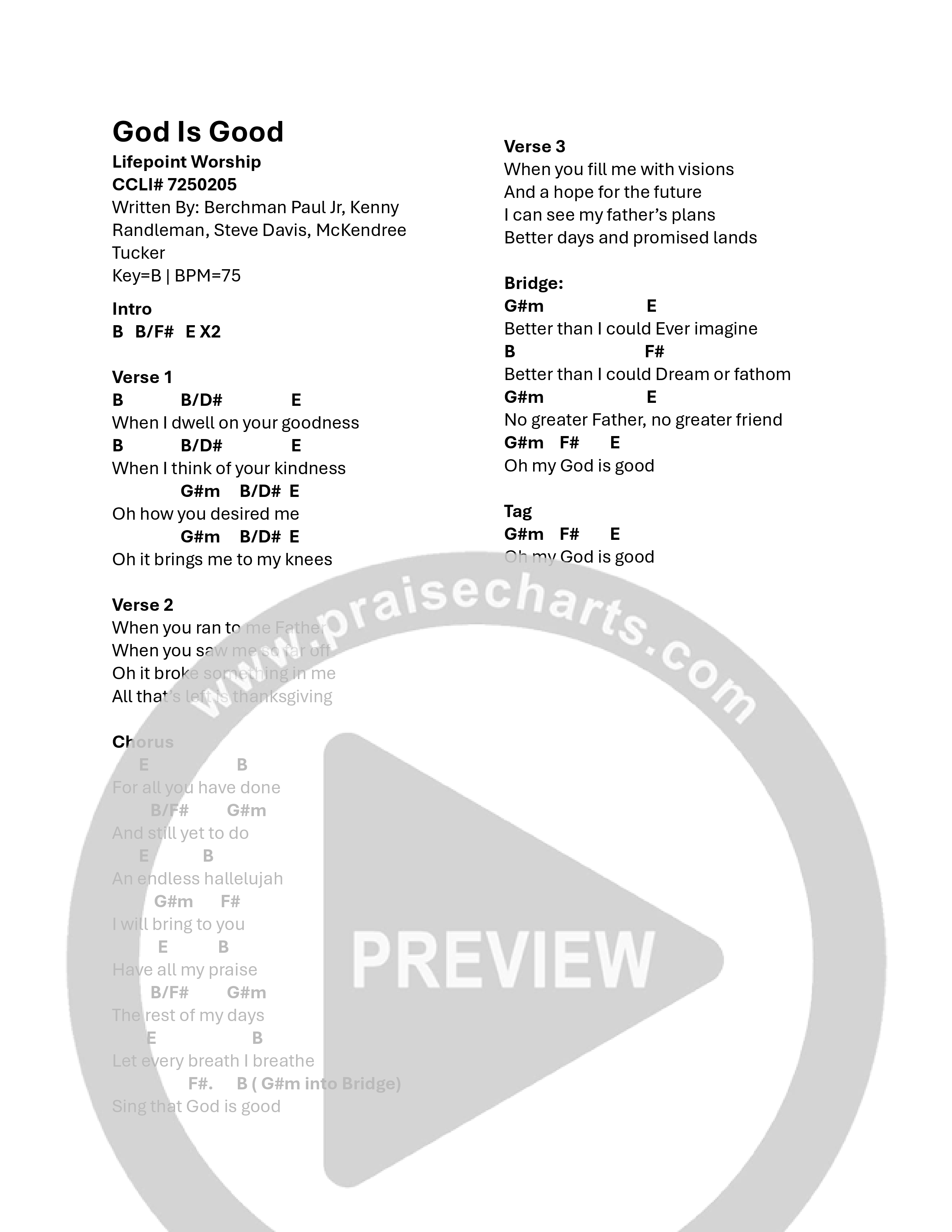 God Is Good (Live) Chord Chart (Lifepoint Worship)