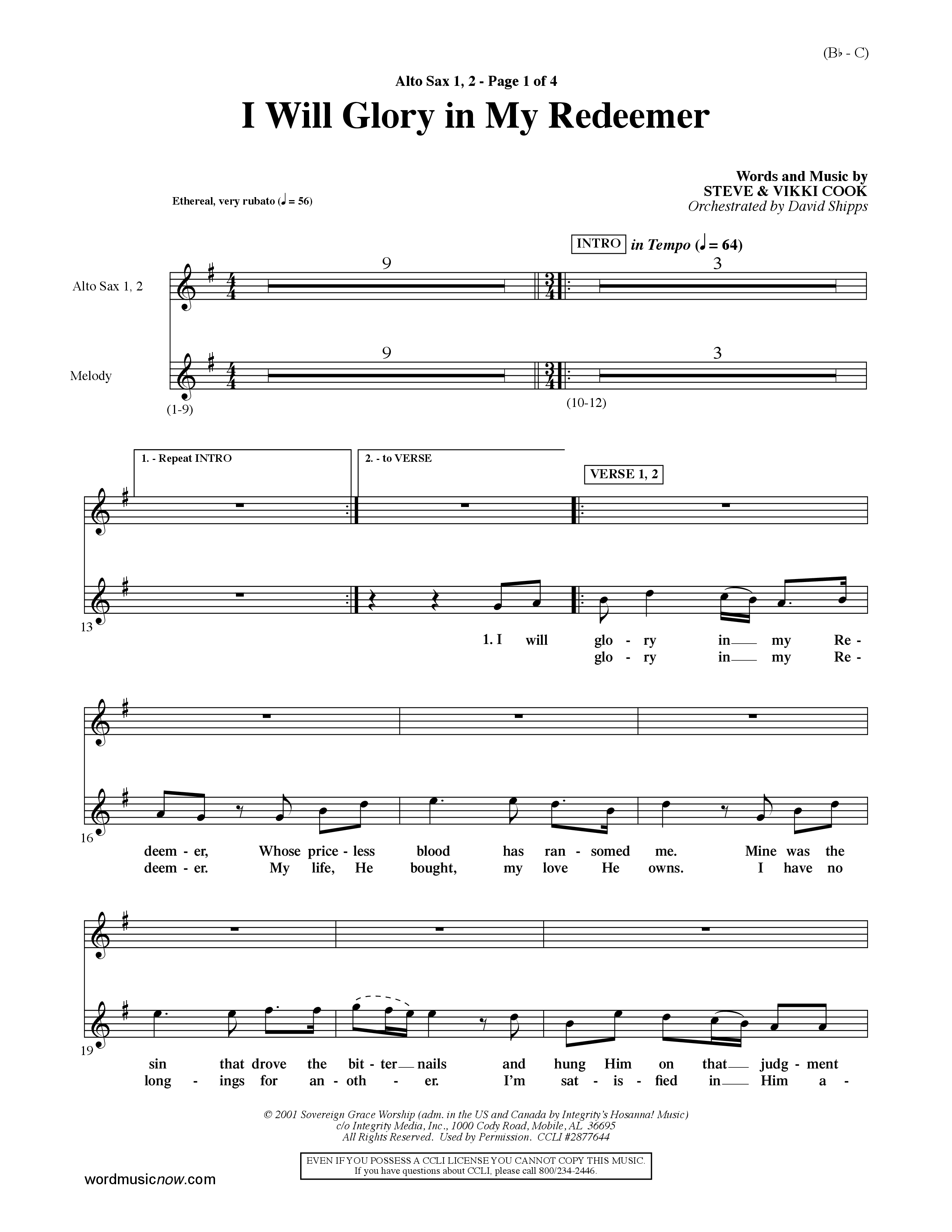 I Will Glory In My Redeemer (Choral Anthem SATB) Alto Sax 1/2 (Word Music Choral / Orch. David Shipps)